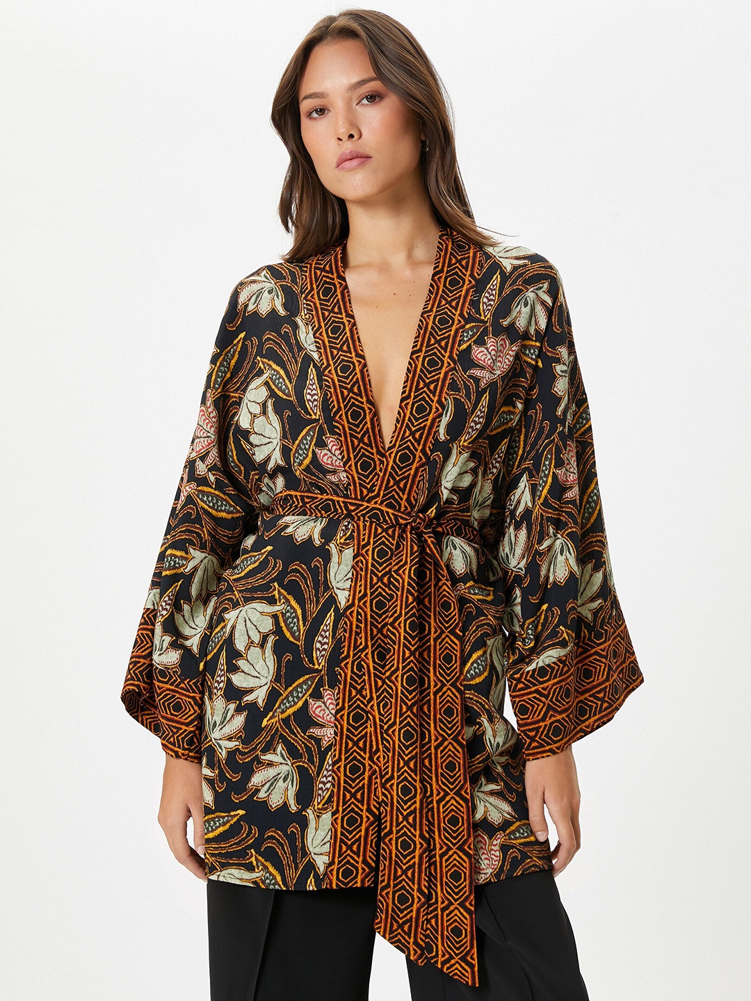 

Koton Floral Printed Tie Up Shrug, Brown