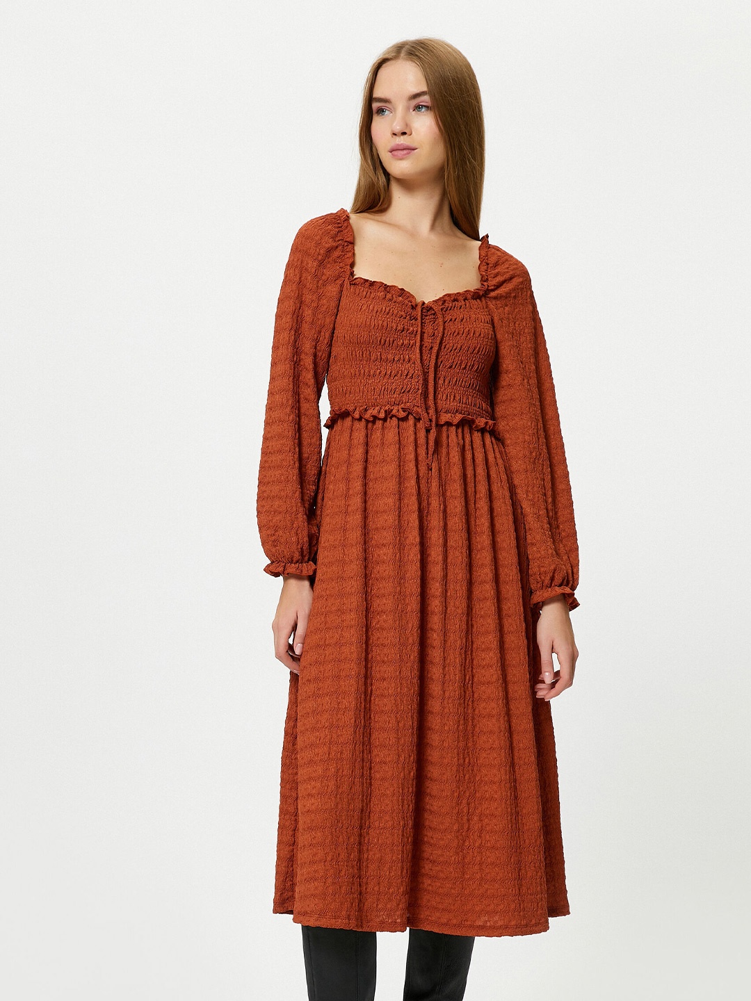 

Koton Self Designed Smocked Tie-Up Neck Fit & Flare Midi Dress, Brown