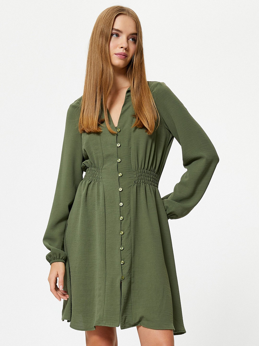 

Koton Shirt Collar Puff Sleeves Shirt Dress, Green