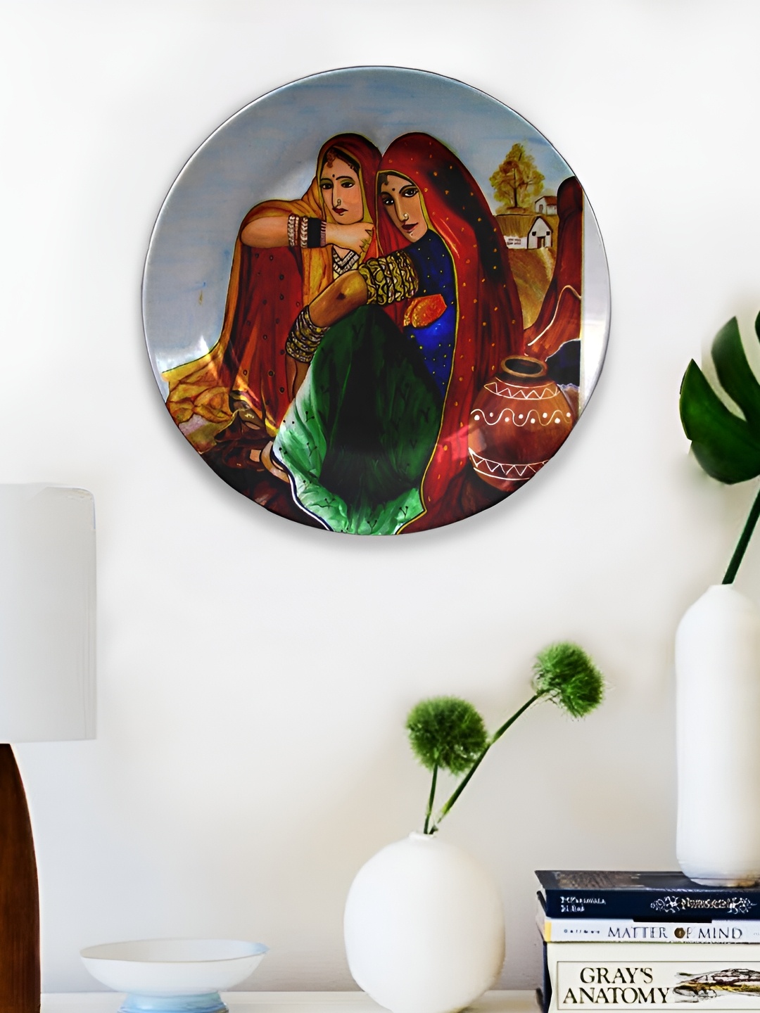 

JIKRAA Grey & Red Printed Rajasthani Art Round Ceramic Wall Plate