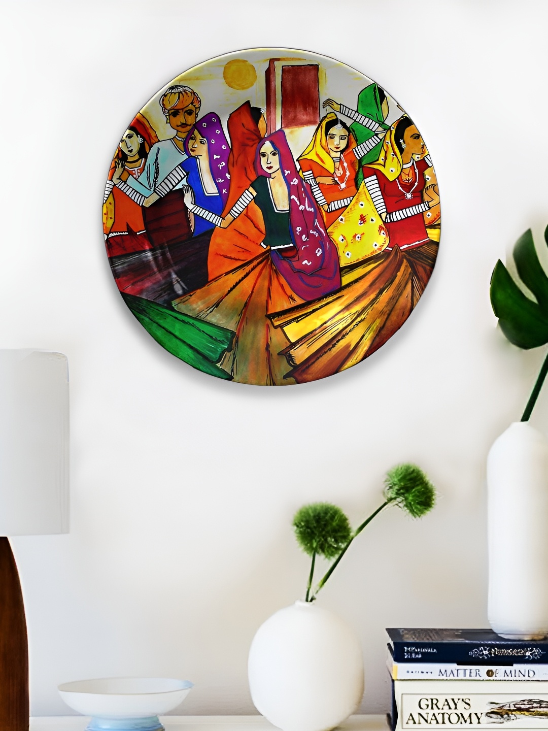 

JIKRAA Yellow & Green Printed Jikraa Rajasthani Art Ceramic Round Wall Plate