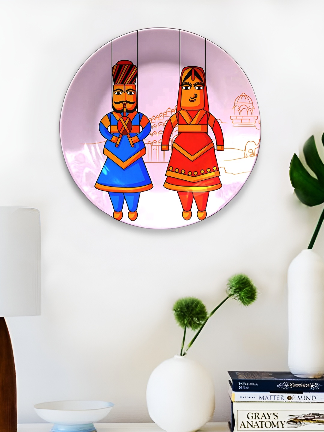 

JIKRAA Blue & Red Printed Rajasthani Art Round Ceramic Wall Plate, White