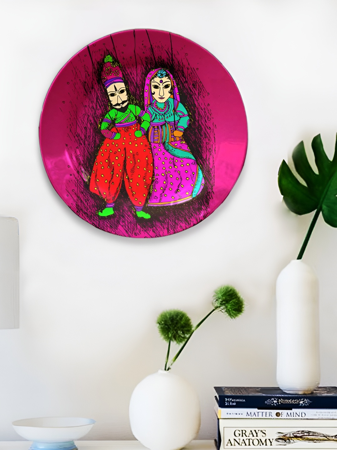 

JIKRAA Pink & Red Printed Jikraa Rajasthani Art Ceramic Round Wall Plate