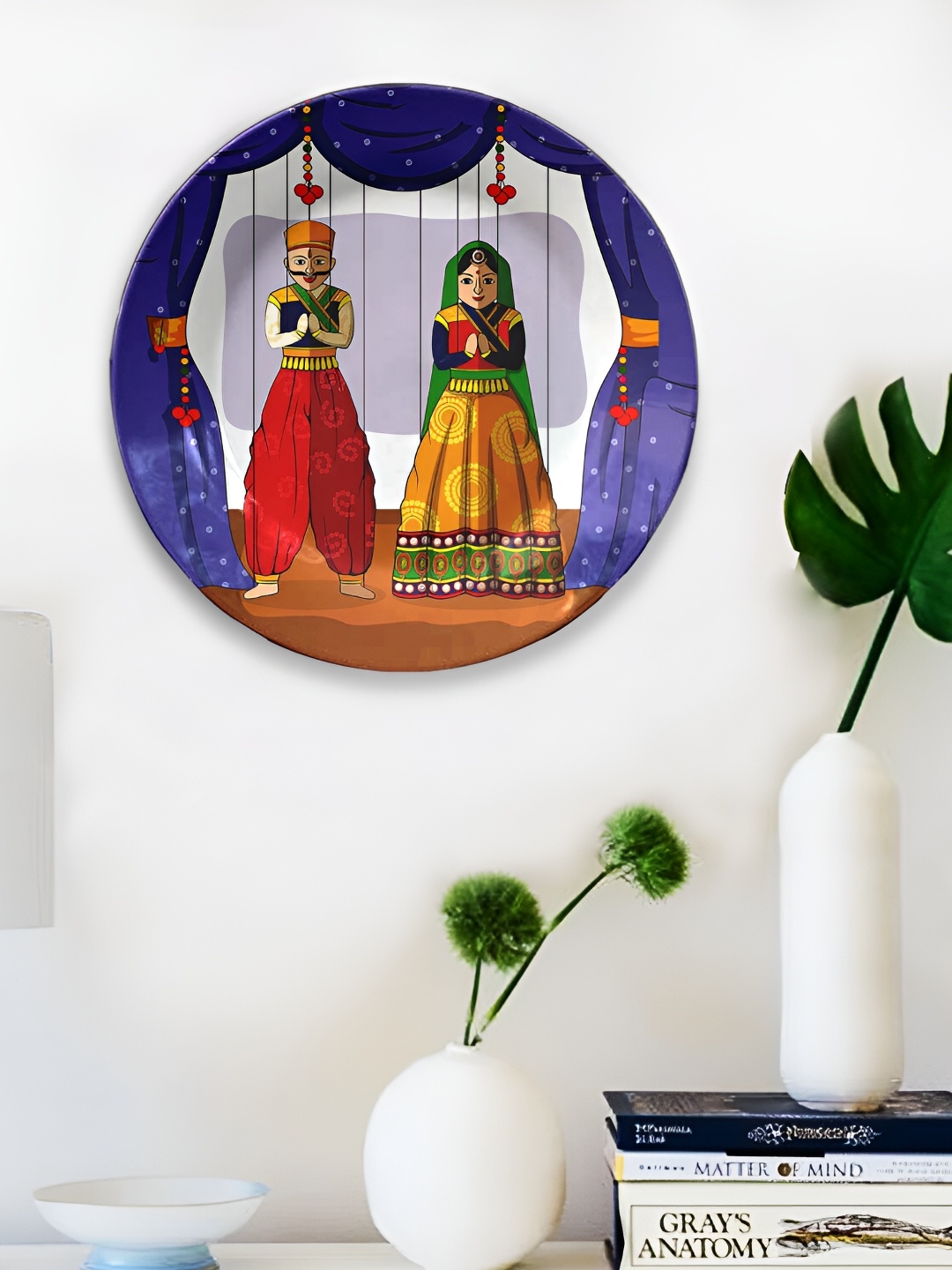 JIKRAA Blue & Yellow Printed Jikraa Rajasthani Art Ceramic Round Wall Plate