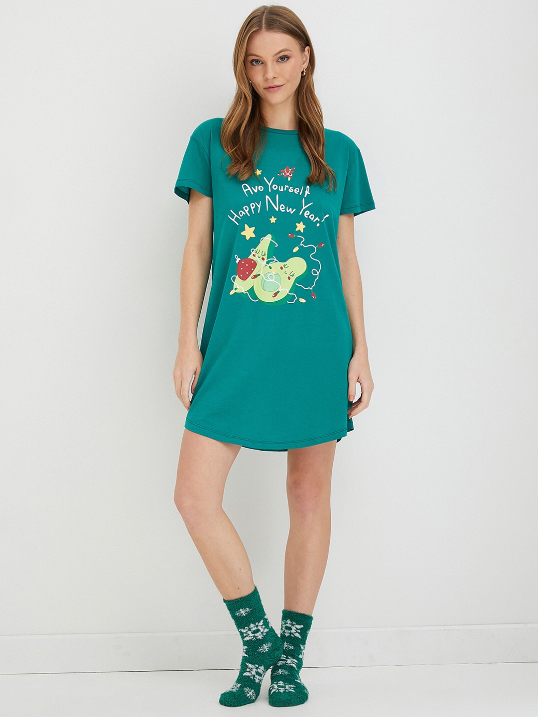 

Koton Typography Printed Pure Cotton Short Sleeves T-shirt Nightdress, Green