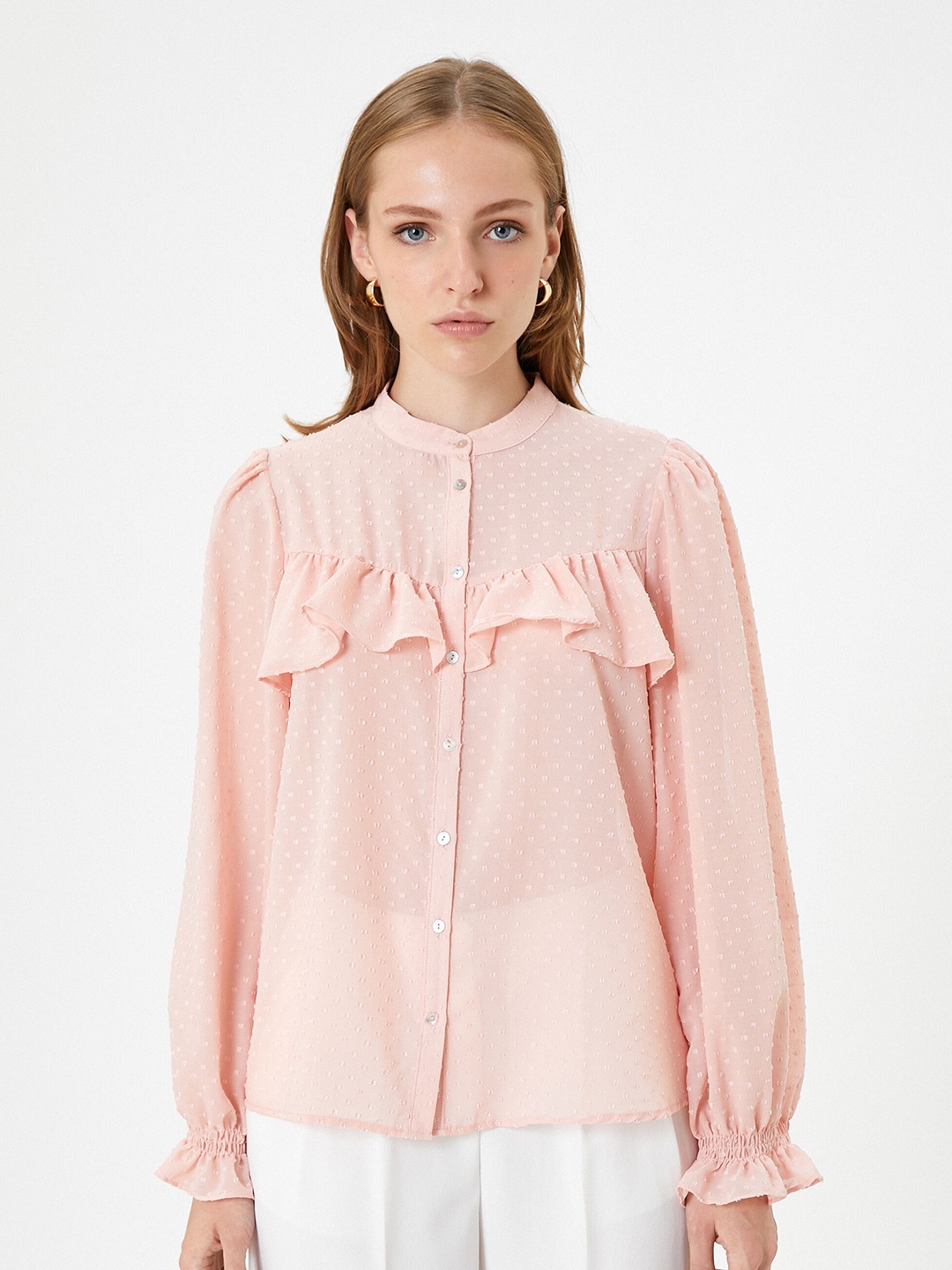 

Koton Self Design Mandarin Collar Puff Sleeves Ruffles Shirt Style Top, Pink