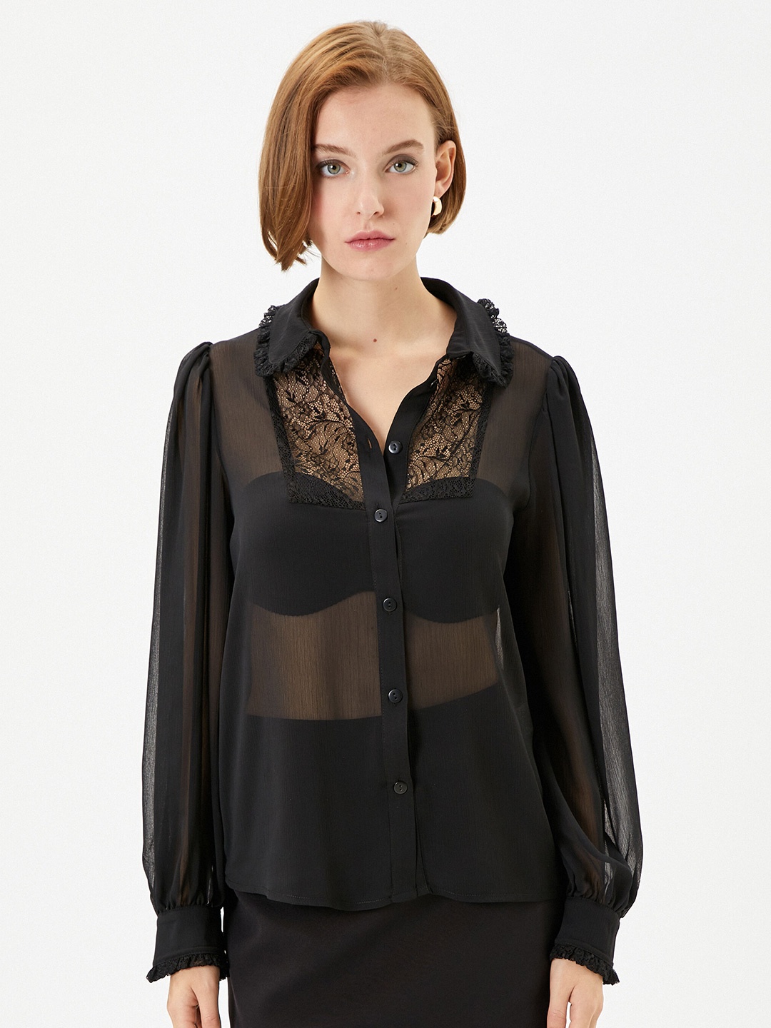 

Koton Floral Self Design Semi Sheer Shirt Style Top, Black