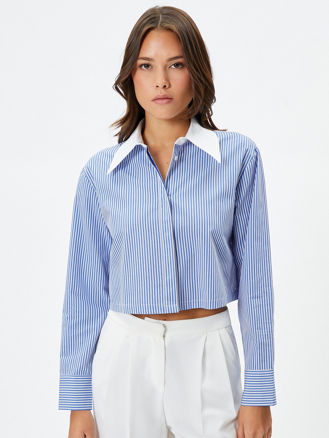 

Koton Vertical Stripes Pure Cotton Crop Casual Shirt, Blue