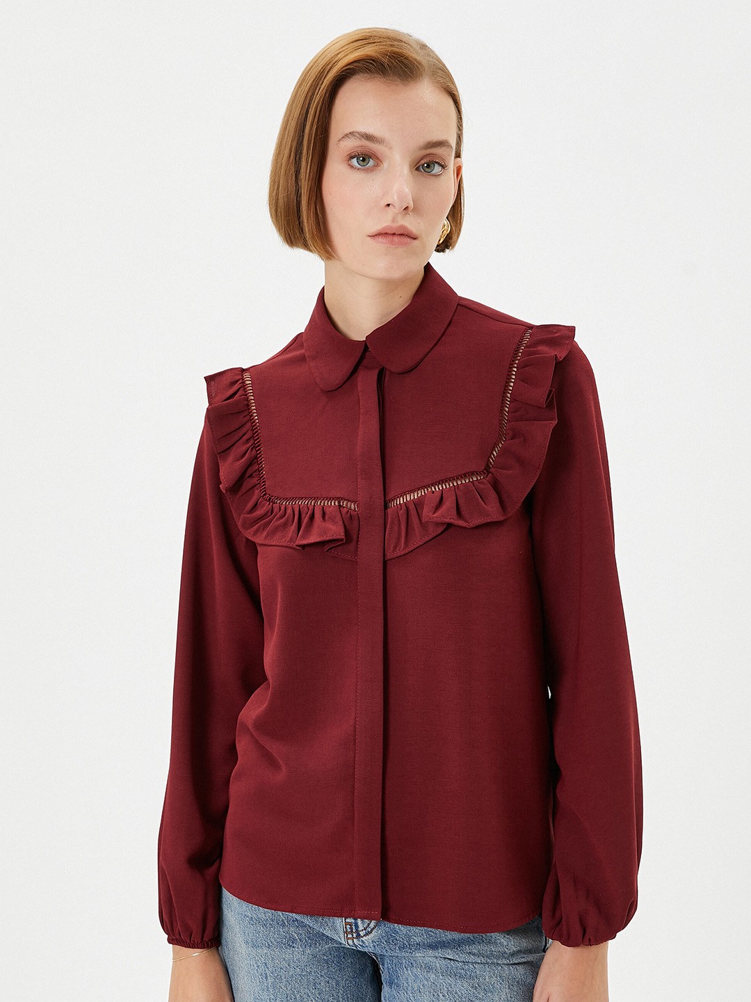 

Koton Shirt Collar Puff Sleeves Ruffles Shirt Style Top, Maroon