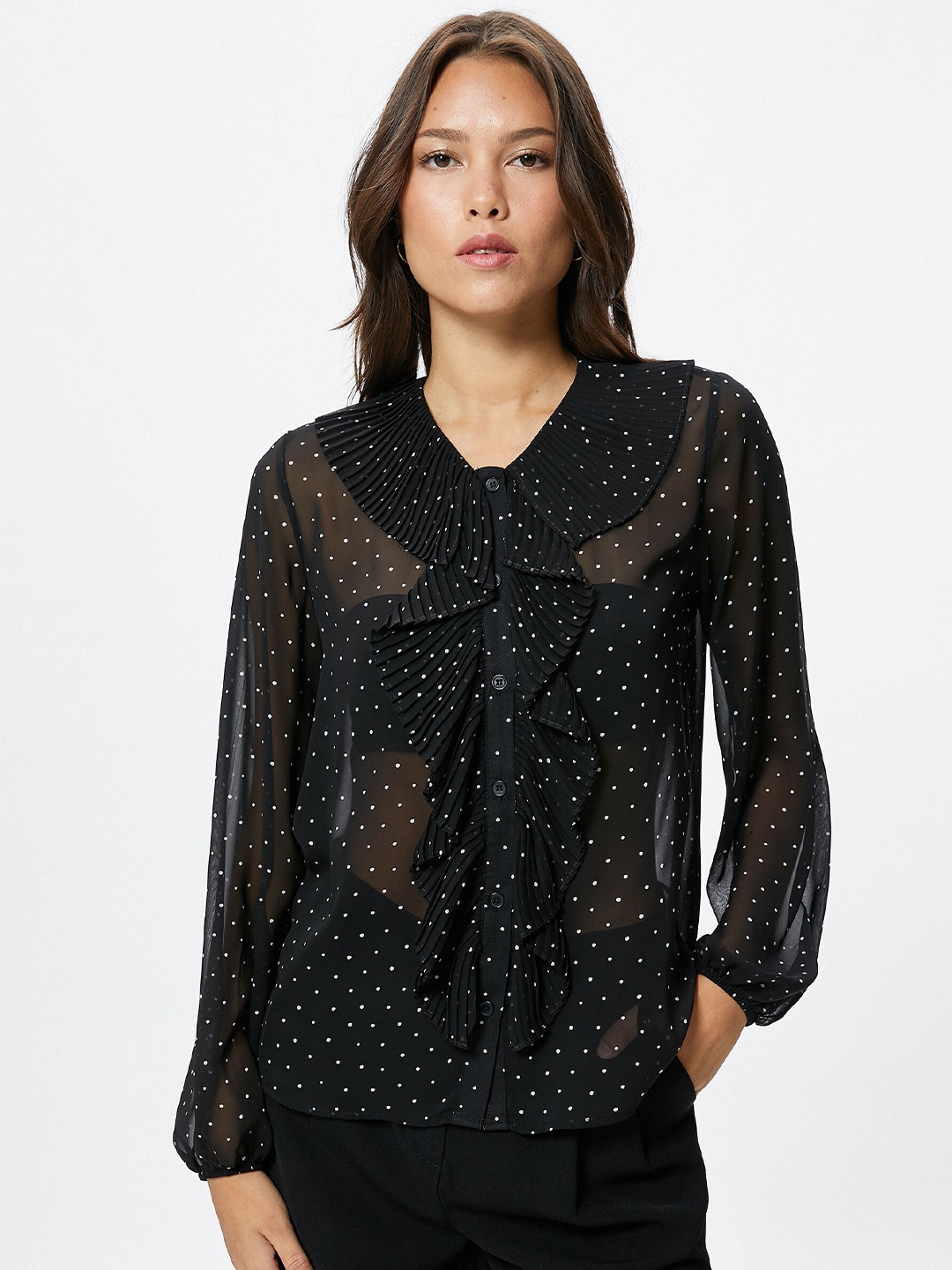 

Koton Polka Dots Printed Puff Sleeves Ruffles Semi Sheer Shirt Style Top, Black