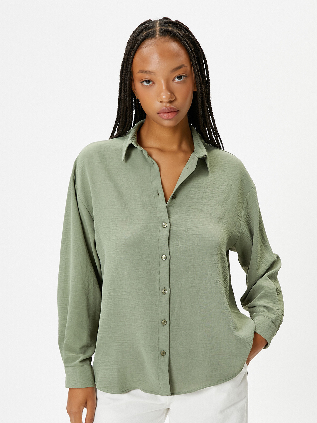 

Koton Spread Collar Drop-Shoulder Sleeves Casual Shirt, Green