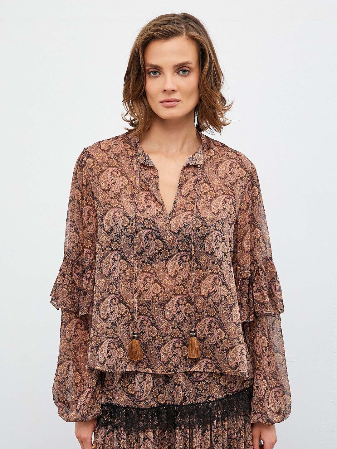 

Koton Abstract Printed Puff Sleeves Casual Shirt, Brown