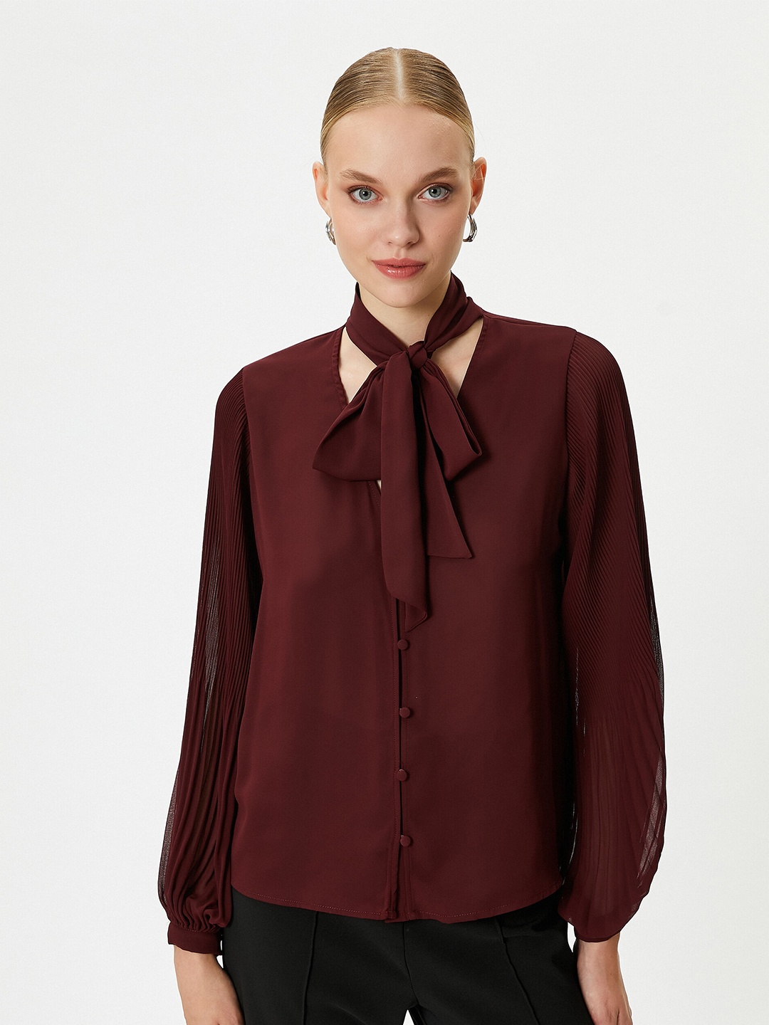 

Koton Tie-Up Neck Casual Shirt, Maroon