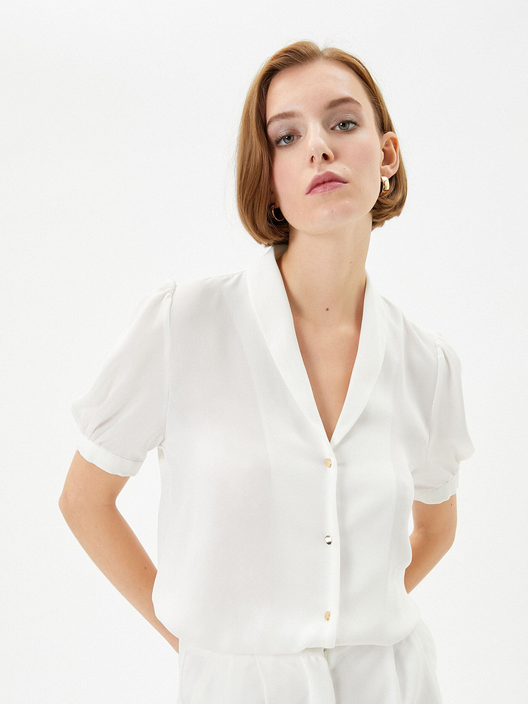 

Koton Shawl Collar Puff Sleeve Casual Shirt, Off white