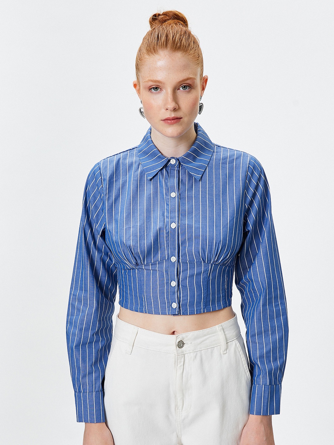 

Koton Vertical Striped Spread Collar Crop Pure Cotton Casual Shirt, Blue