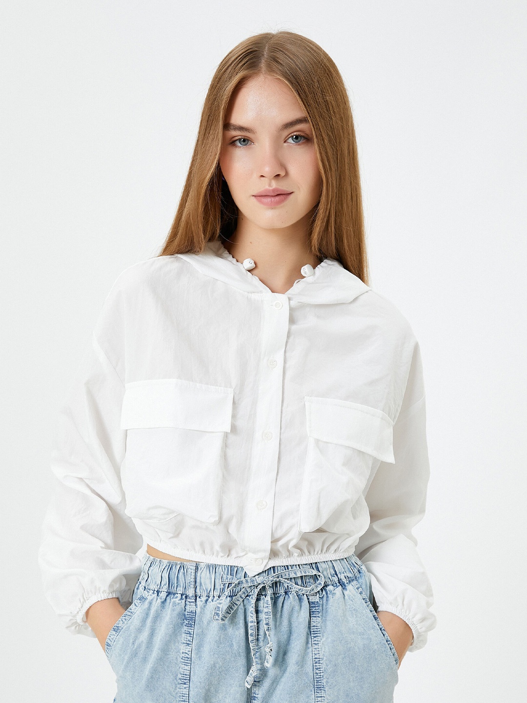 

Koton Hooded Puff Sleeve Crop Shirt Style Top, Beige