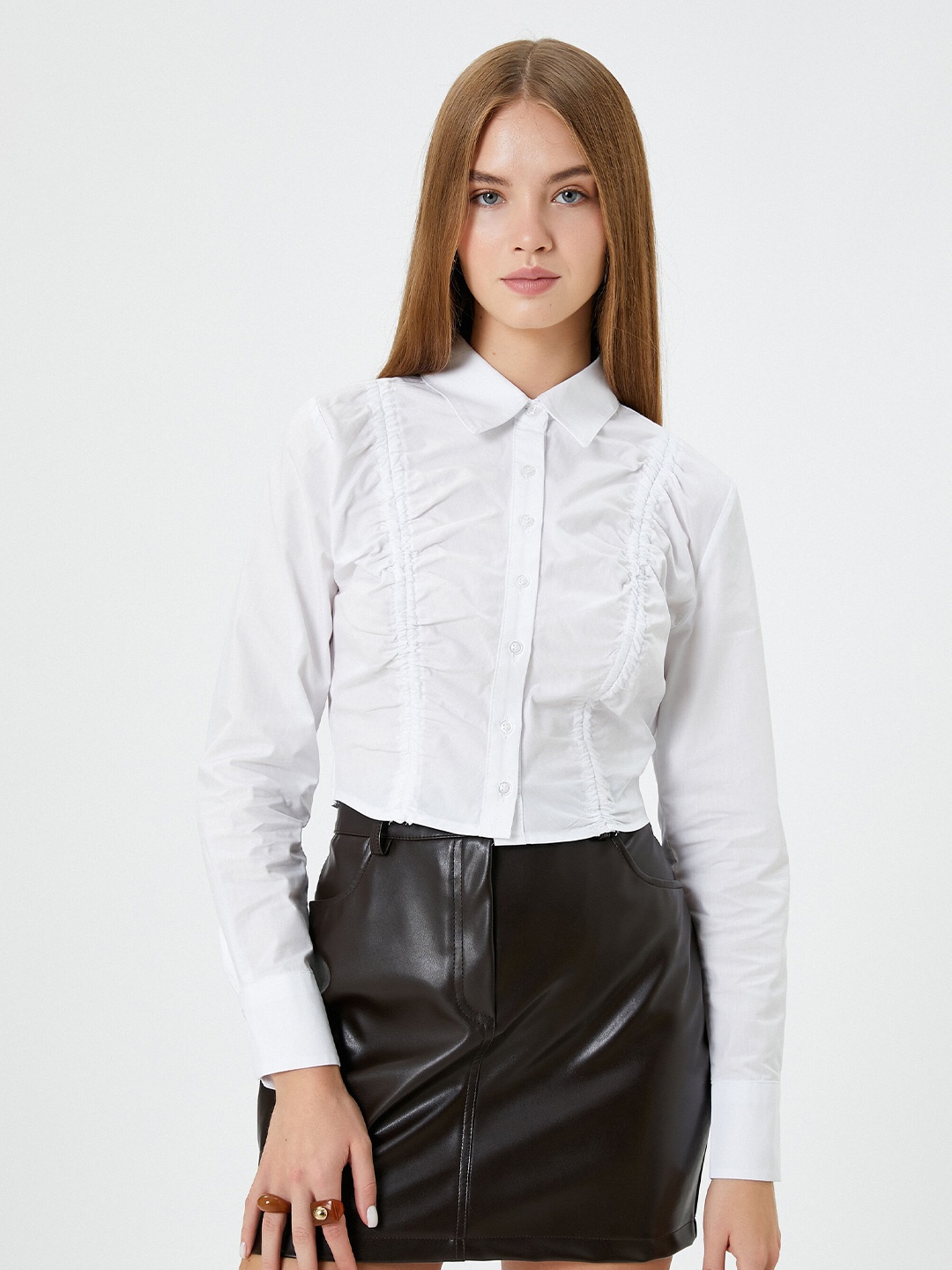 

Koton Shirt Collar Cuffed Sleeve Gathered & Smocked Pure Cotton Shirt Style Top, White