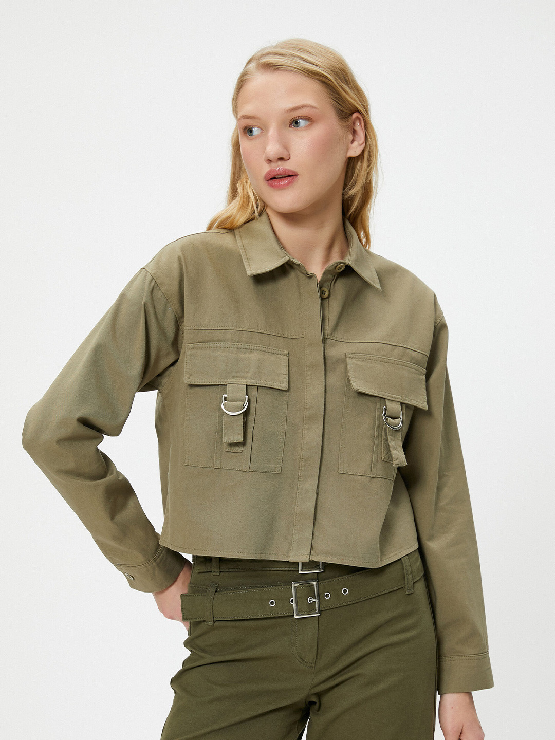 

Koton Spread Collar Crop Pure Cotton Casual Shirt, Khaki