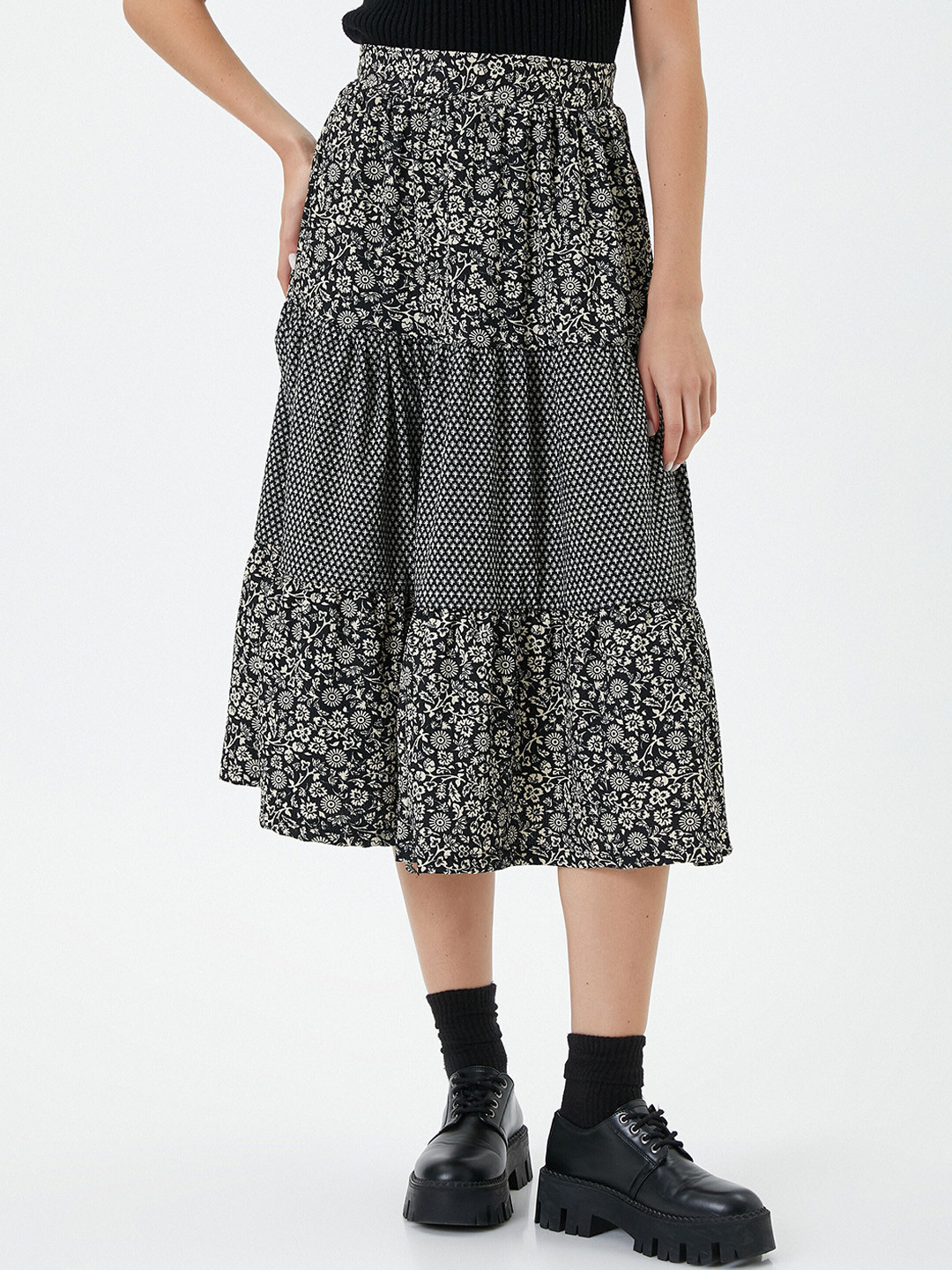 

Koton Floral Printed Flared Midi Skirt, Black