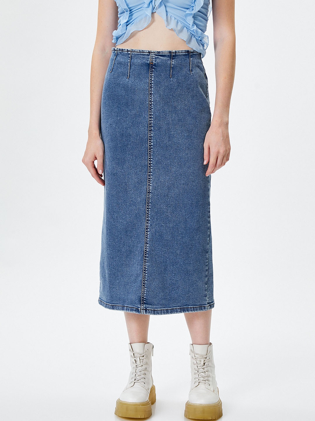 

Koton Washed Straight Midi Denim Skirt, Blue