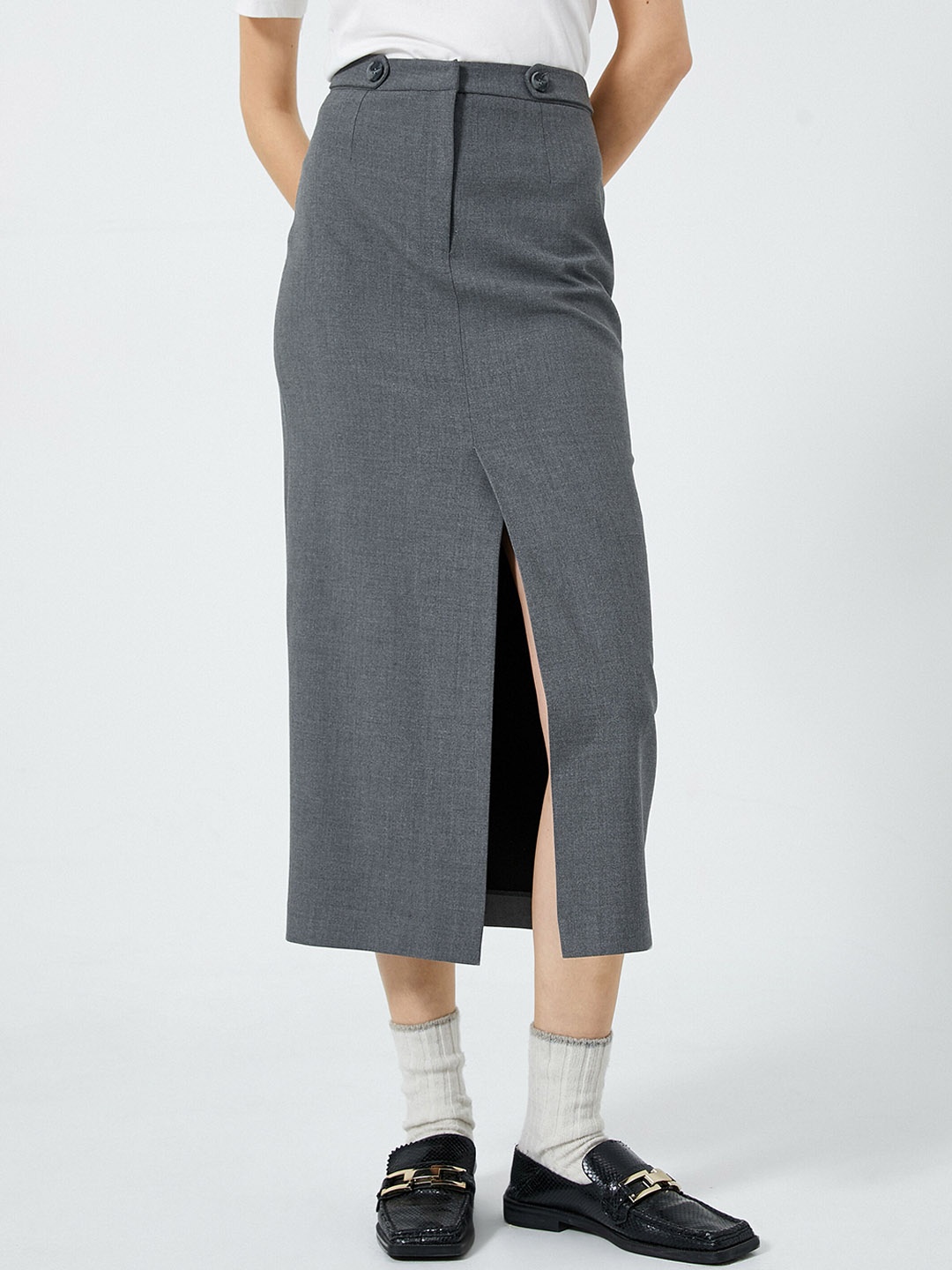 

Koton Front Slit Straight Midi Skirt, Grey