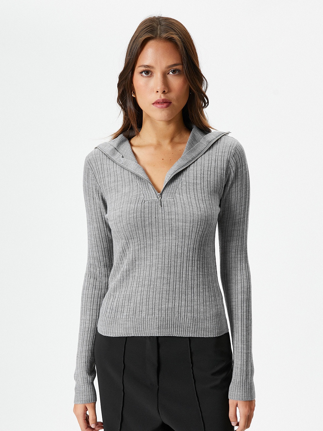 

Koton Ribbed Mock Collar Acrylic Pullover, Grey