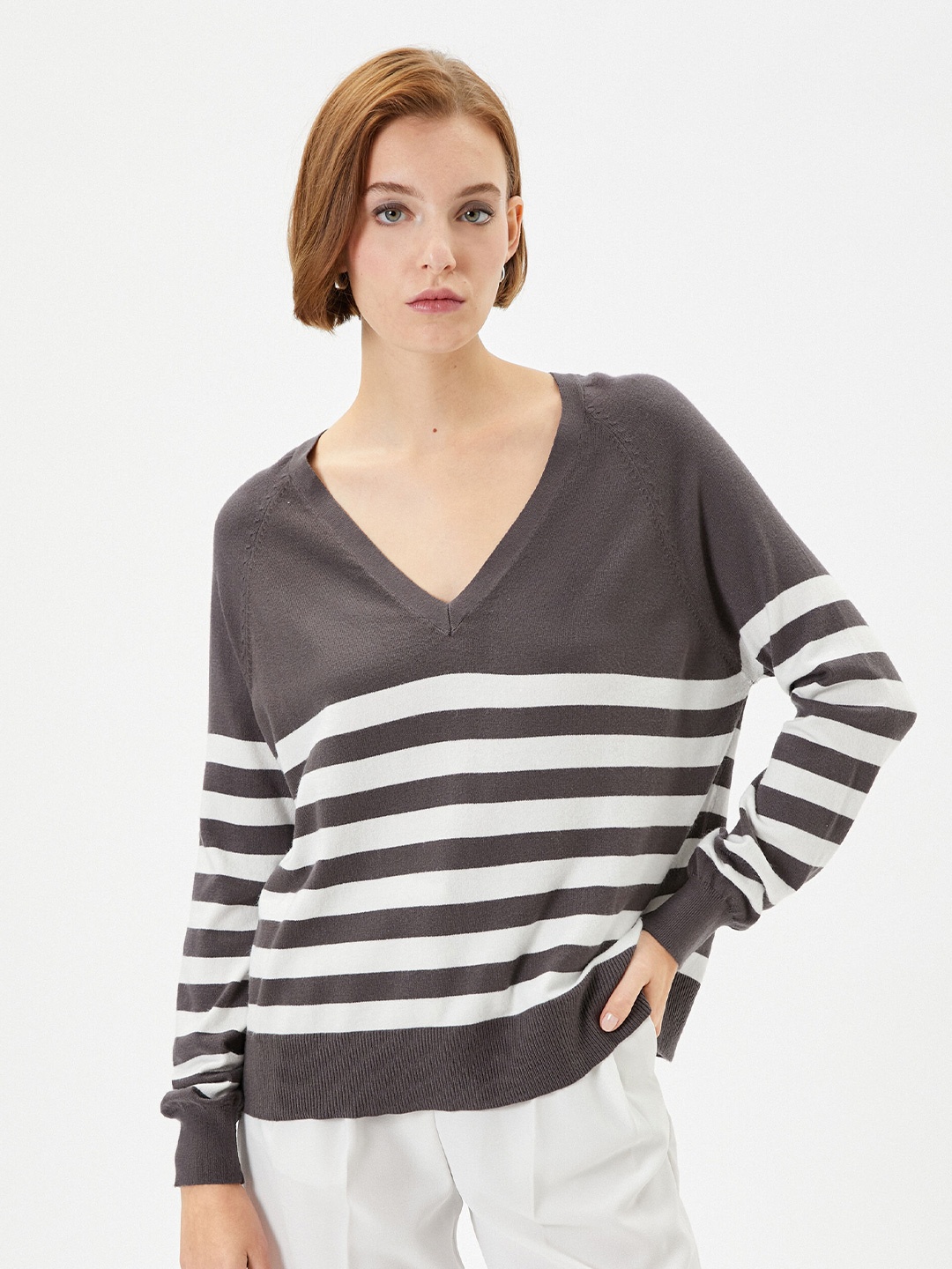 

Koton V-Neck Striped Pullover, Beige