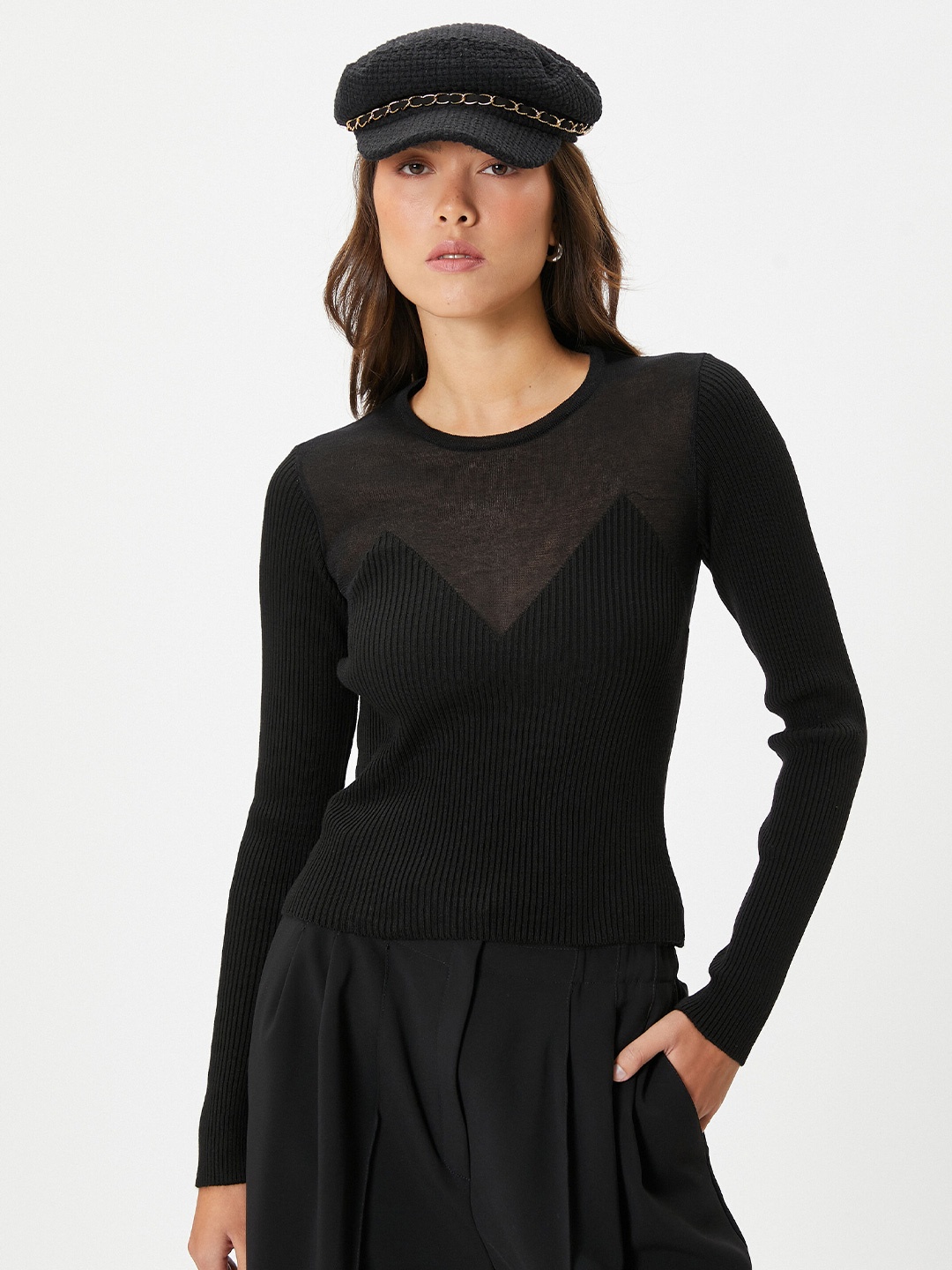 

Koton Ribbed Round Neck Pullover, Black
