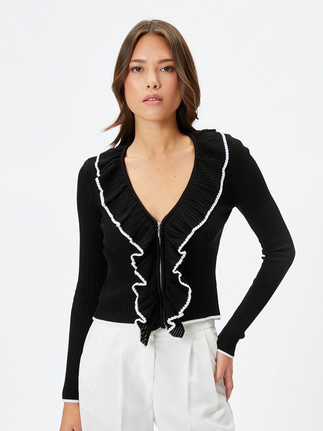

Koton V-Neck Acrylic Long Sleeves Top, Black