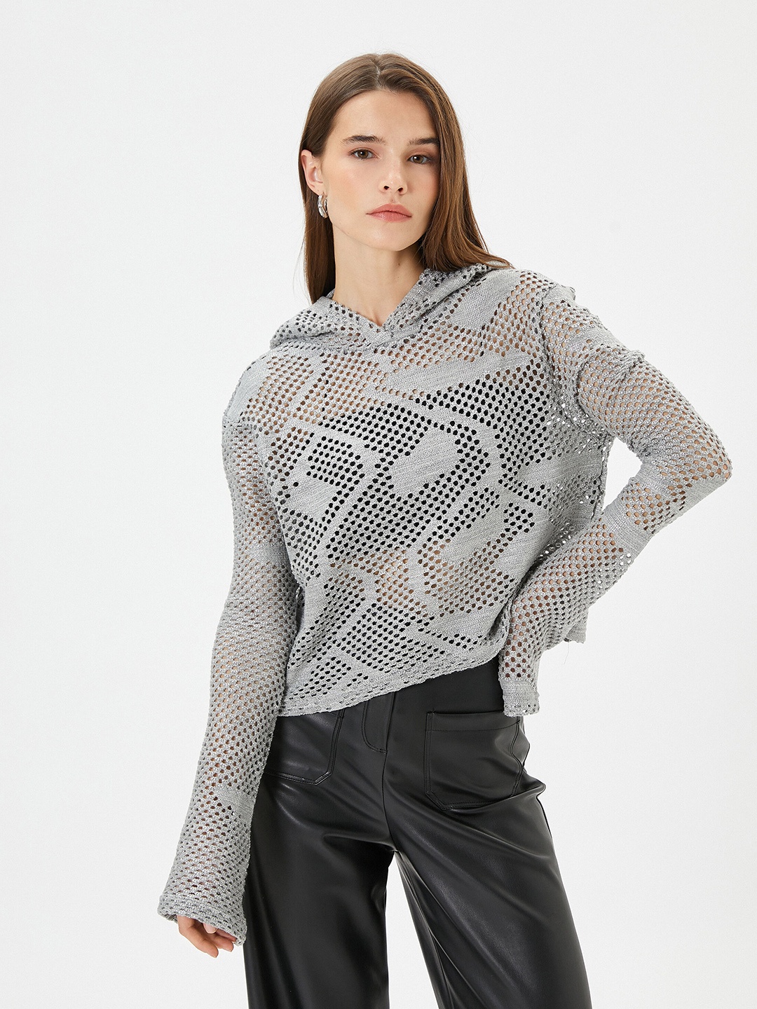 

Koton Open Knit Self Design Hooded Pullover Sweater, Grey