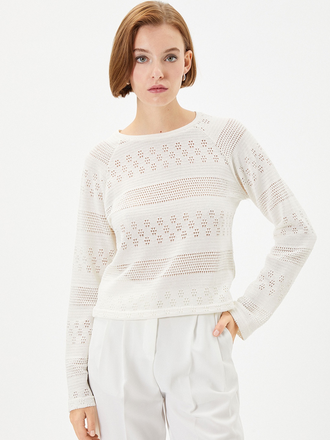 

Koton Self Designed Round Neck Pullover, Off white