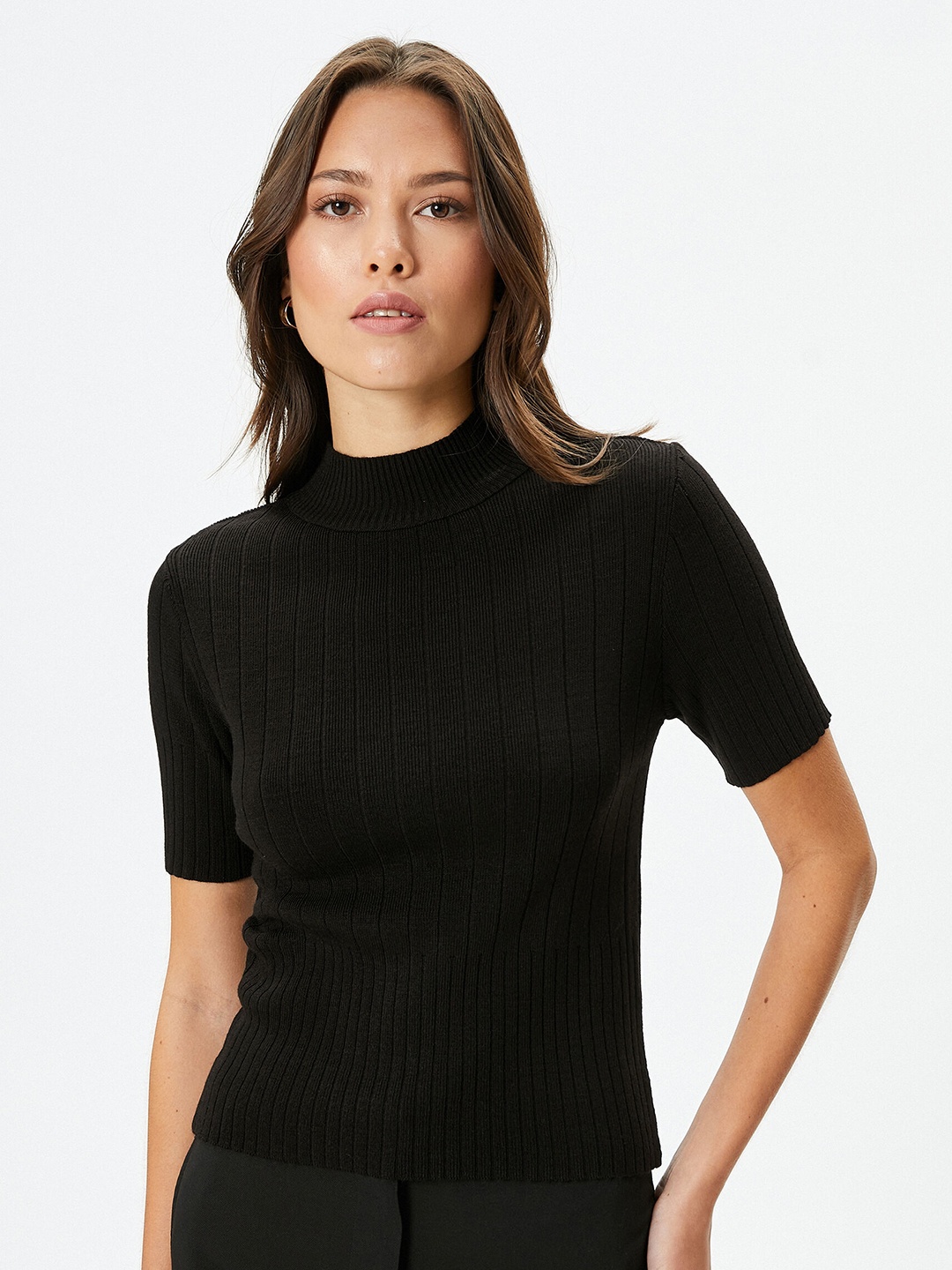 

Koton Ribbed High Neck Acrylic Fitted Top, Black