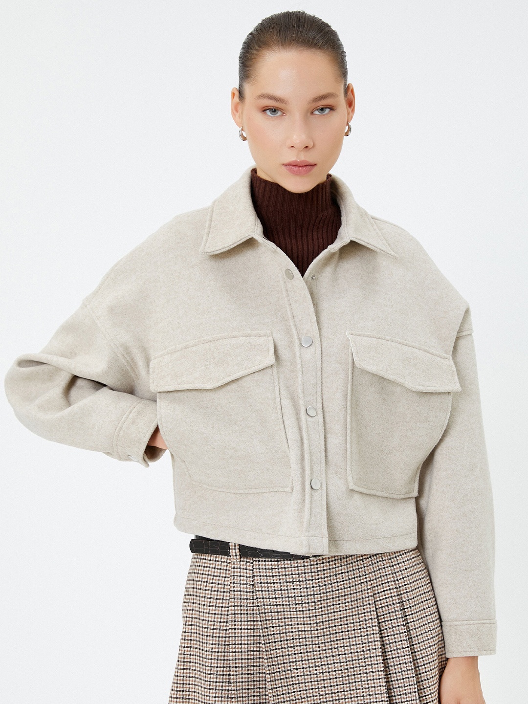 

Koton Shirt Collar Crop Cardigan, Brown