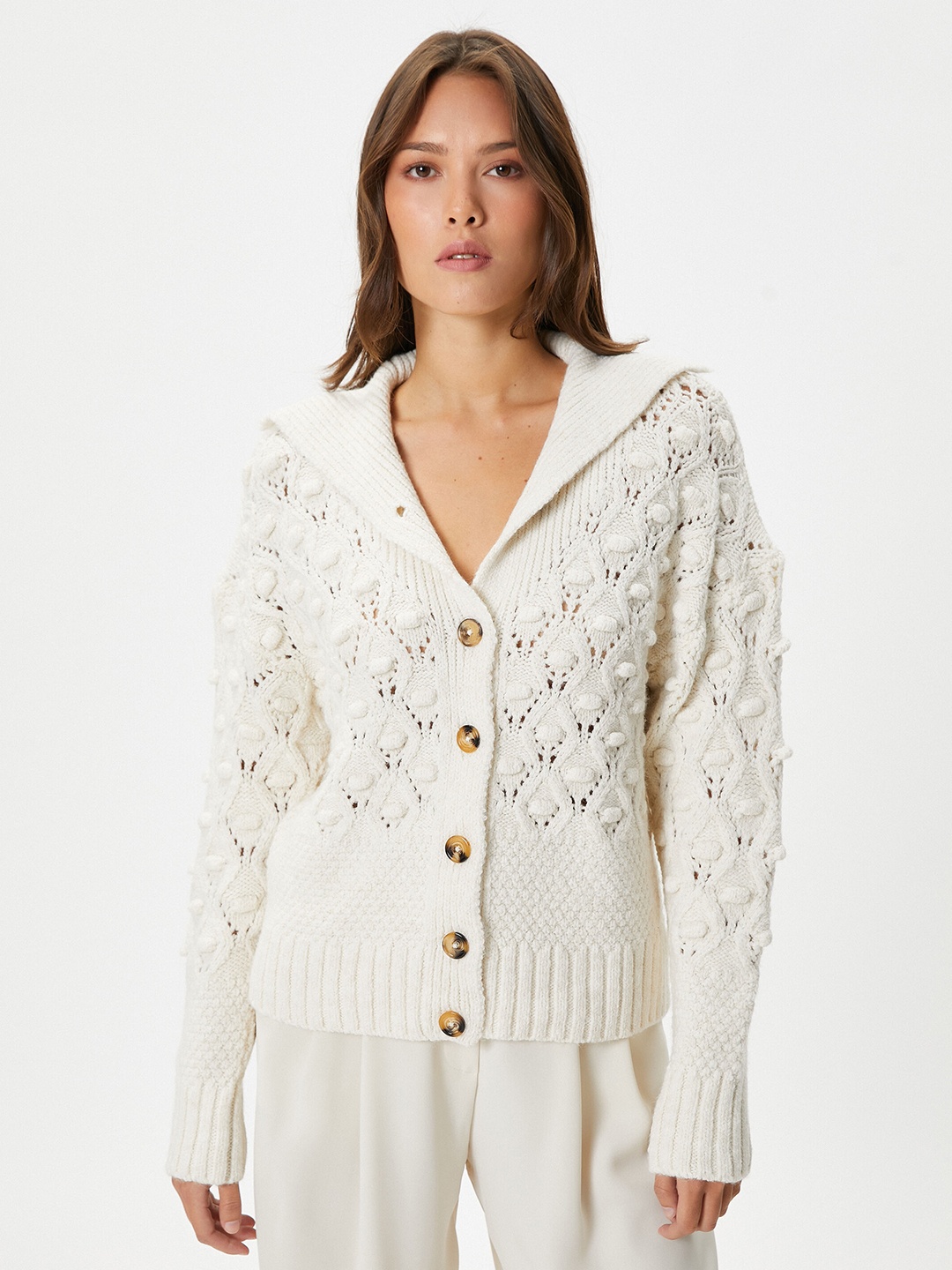 

Koton V-Neck Open Knit Pullover, Beige