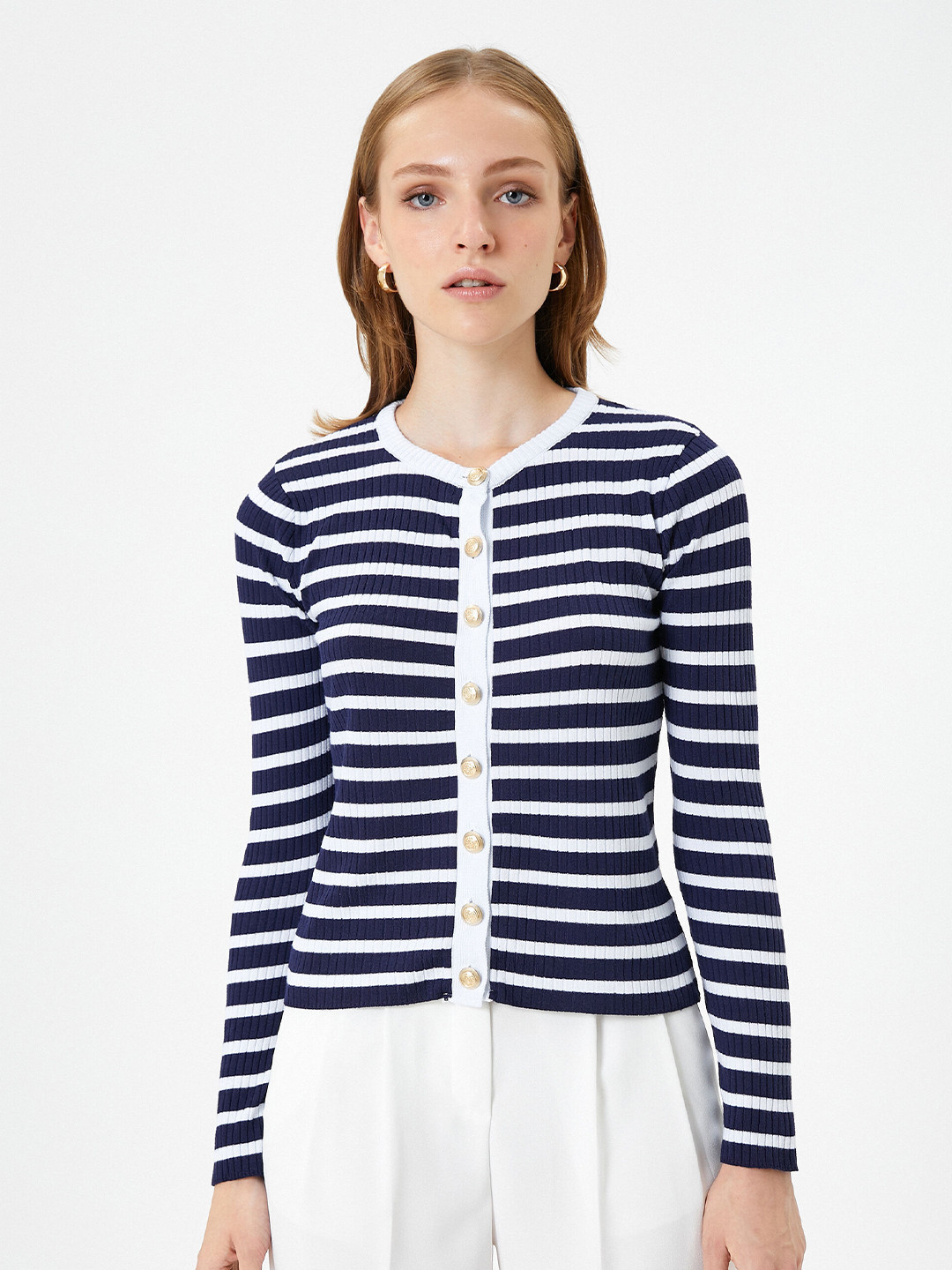 

Koton Striped Round Neck Cardigan Sweater, Navy blue