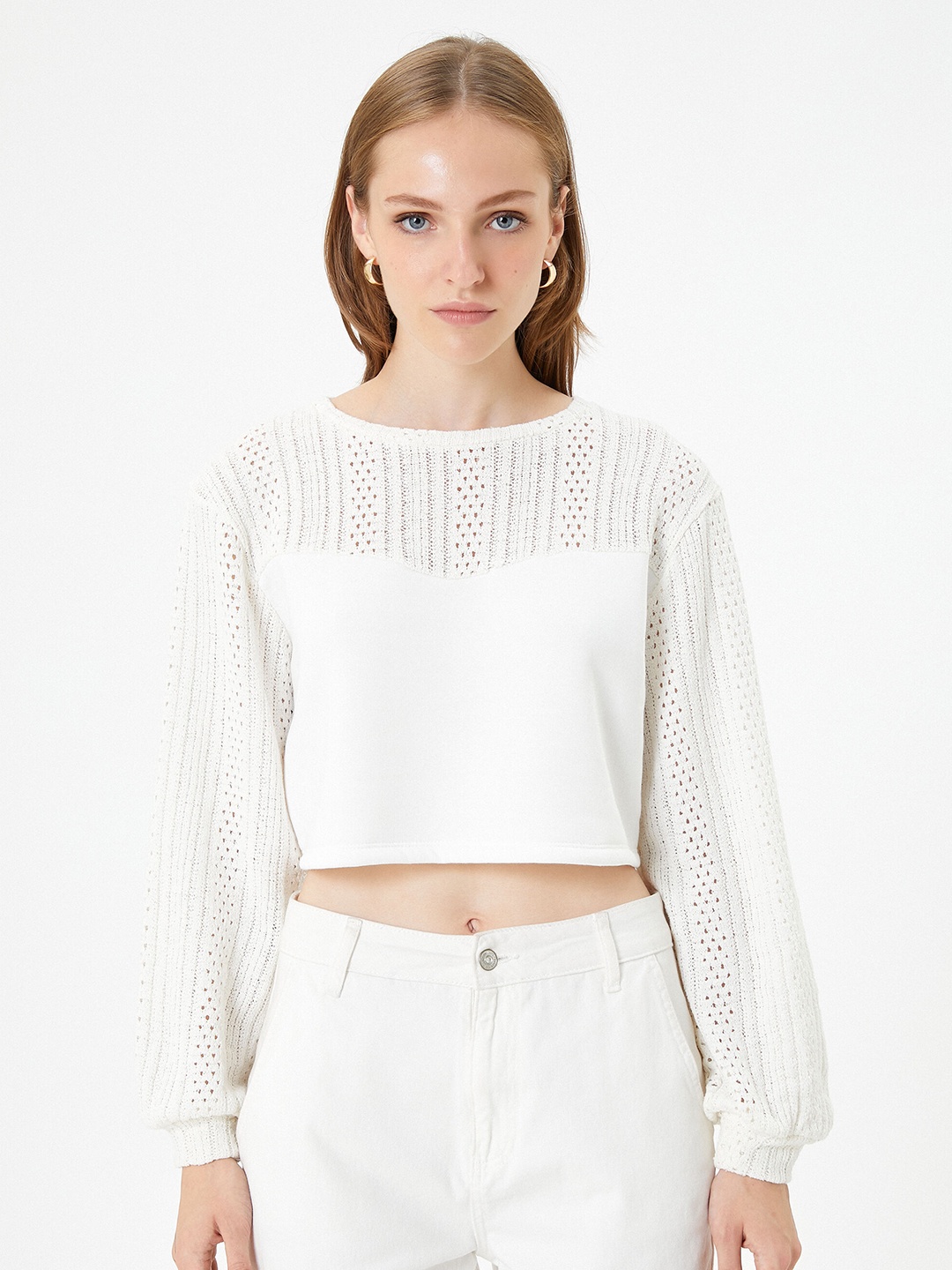

Koton Open Knit Round Neck Crop Pullover, White