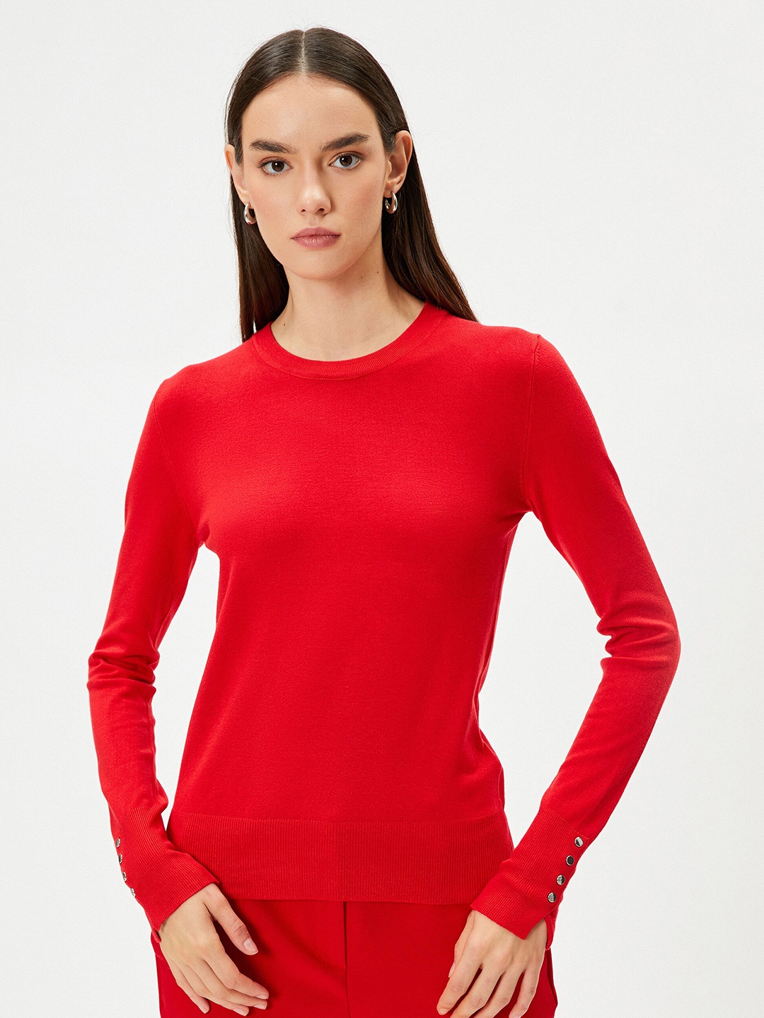 

Koton Cherry Red Ribbed Round Neck Pullover