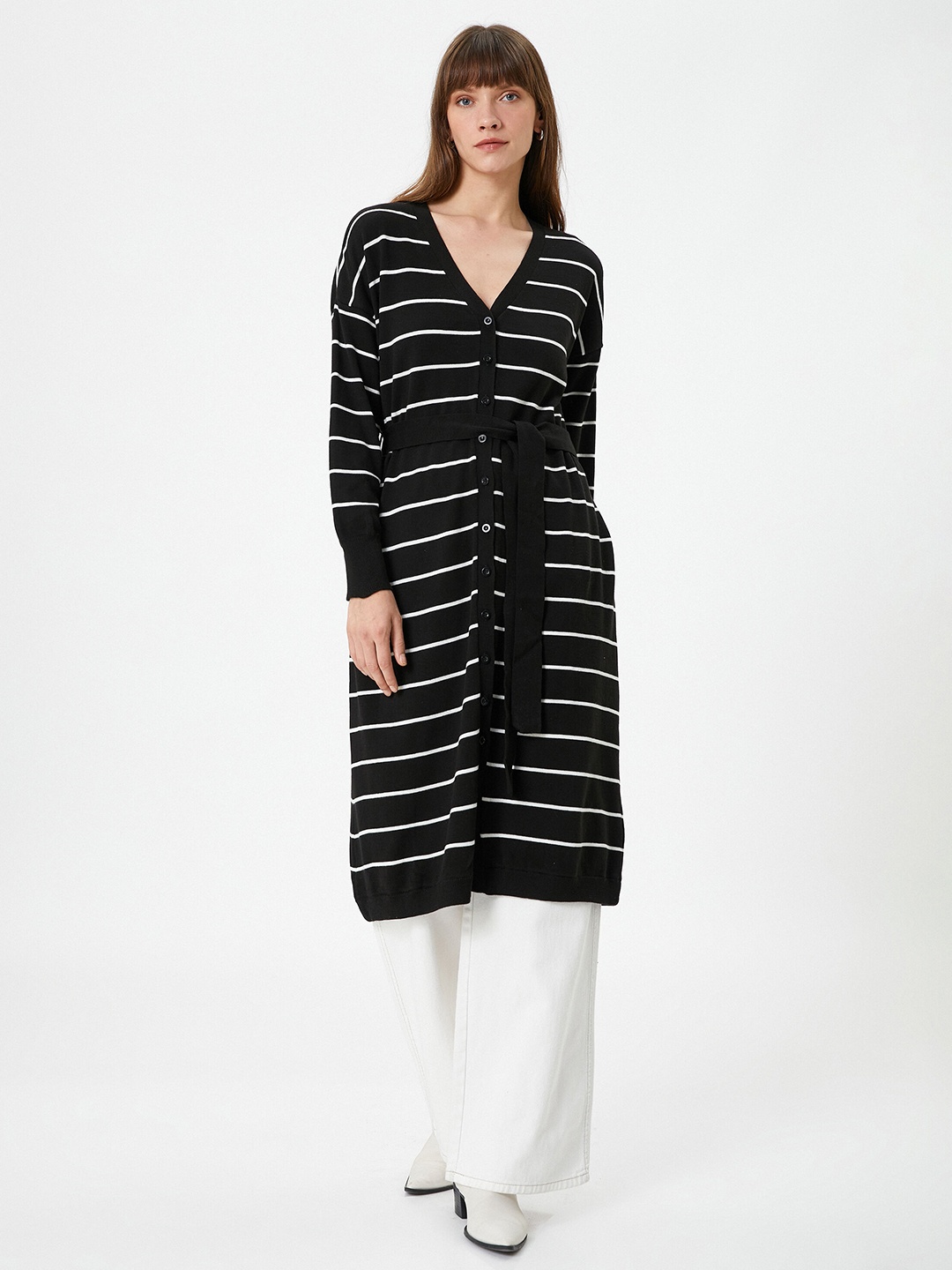 

Koton Striped V-Neck Longline Cardigan, Black