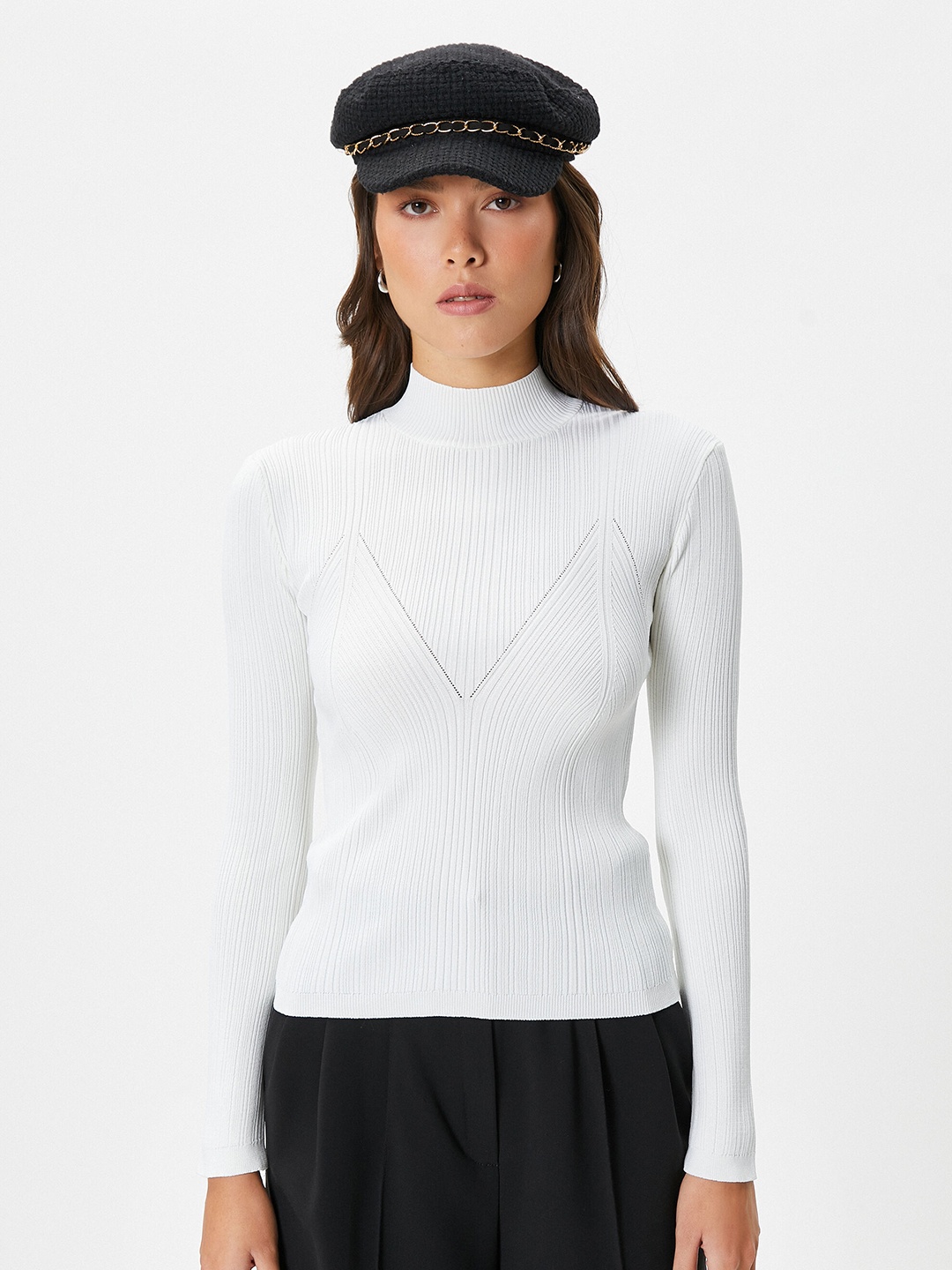 

Koton Striped Mock Collar Pullover, White