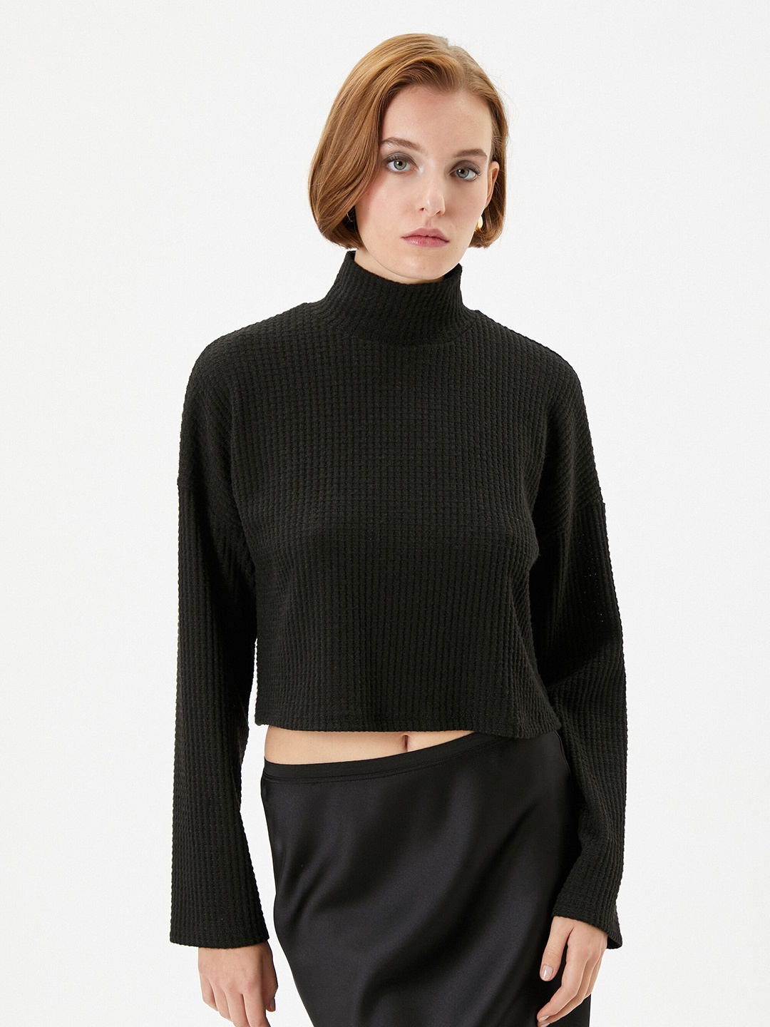 

Koton Ribbed Turtle Neck Crop Pullover, Black