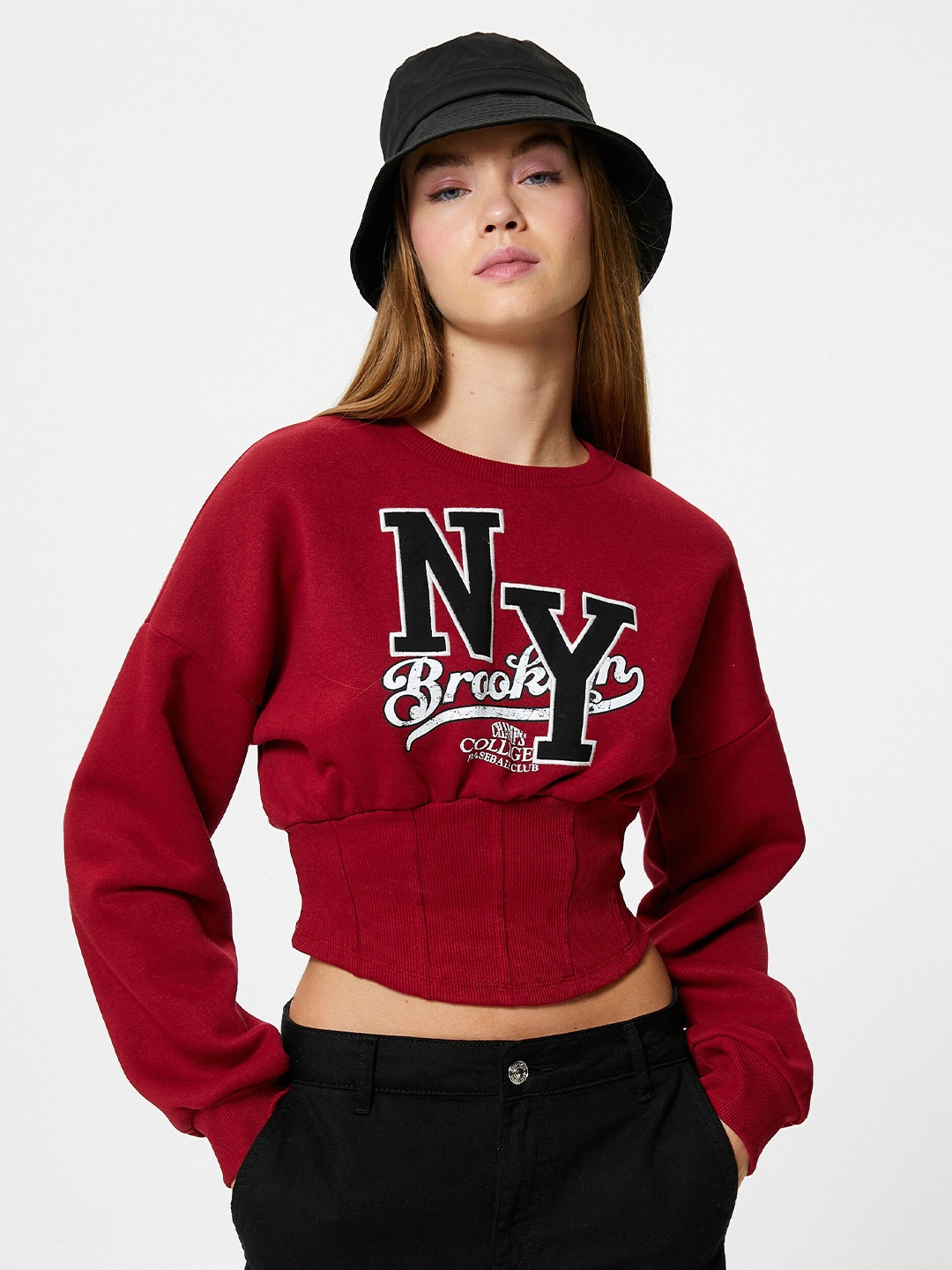 

Koton Typography Printed Crop Pullover Sweatshirt, Maroon