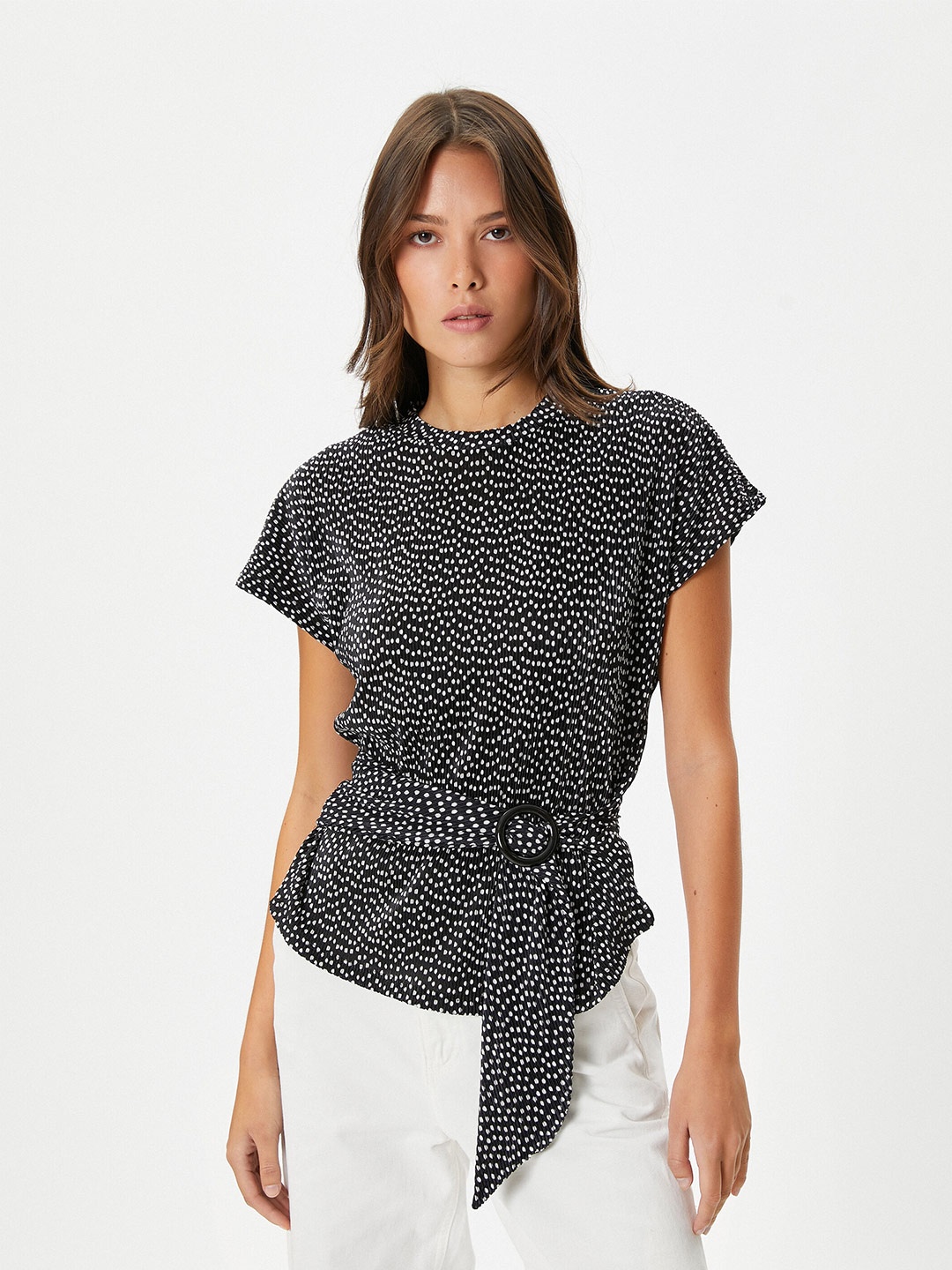 

Koton Polka Dot Print Extended Sleeves Cinched Waist Top, Black