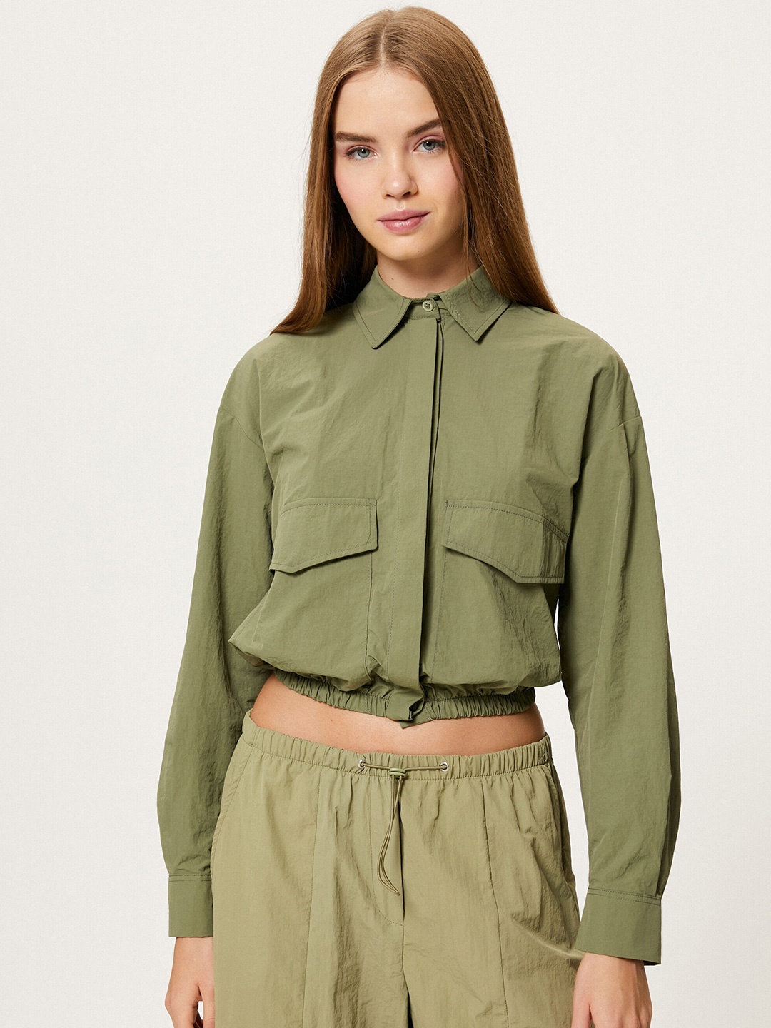 

Koton Shirt Style Crop Top, Green