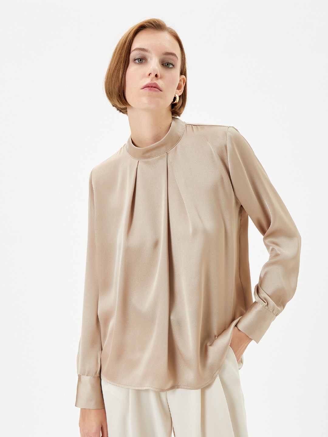 

Koton High Neck Pleated Cuffed Sleeves Shirt Style Top, Beige