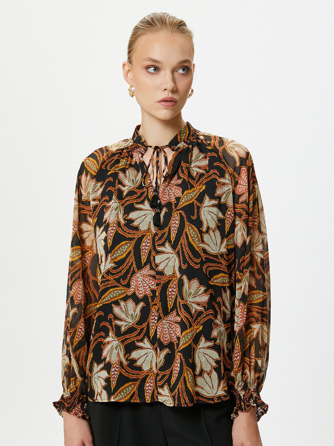 

Koton Floral Print Cuffed Sleeves Tie-Up Neck Top, Brown