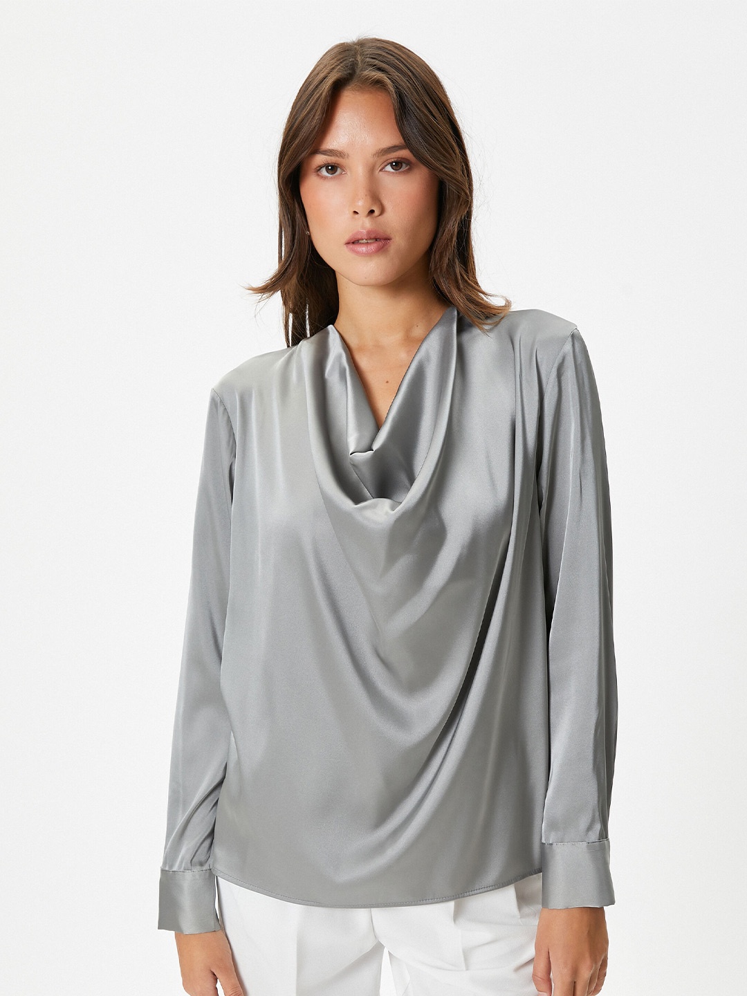 

Koton Cowl Neck Long Sleeves Shirt Style Top, Grey