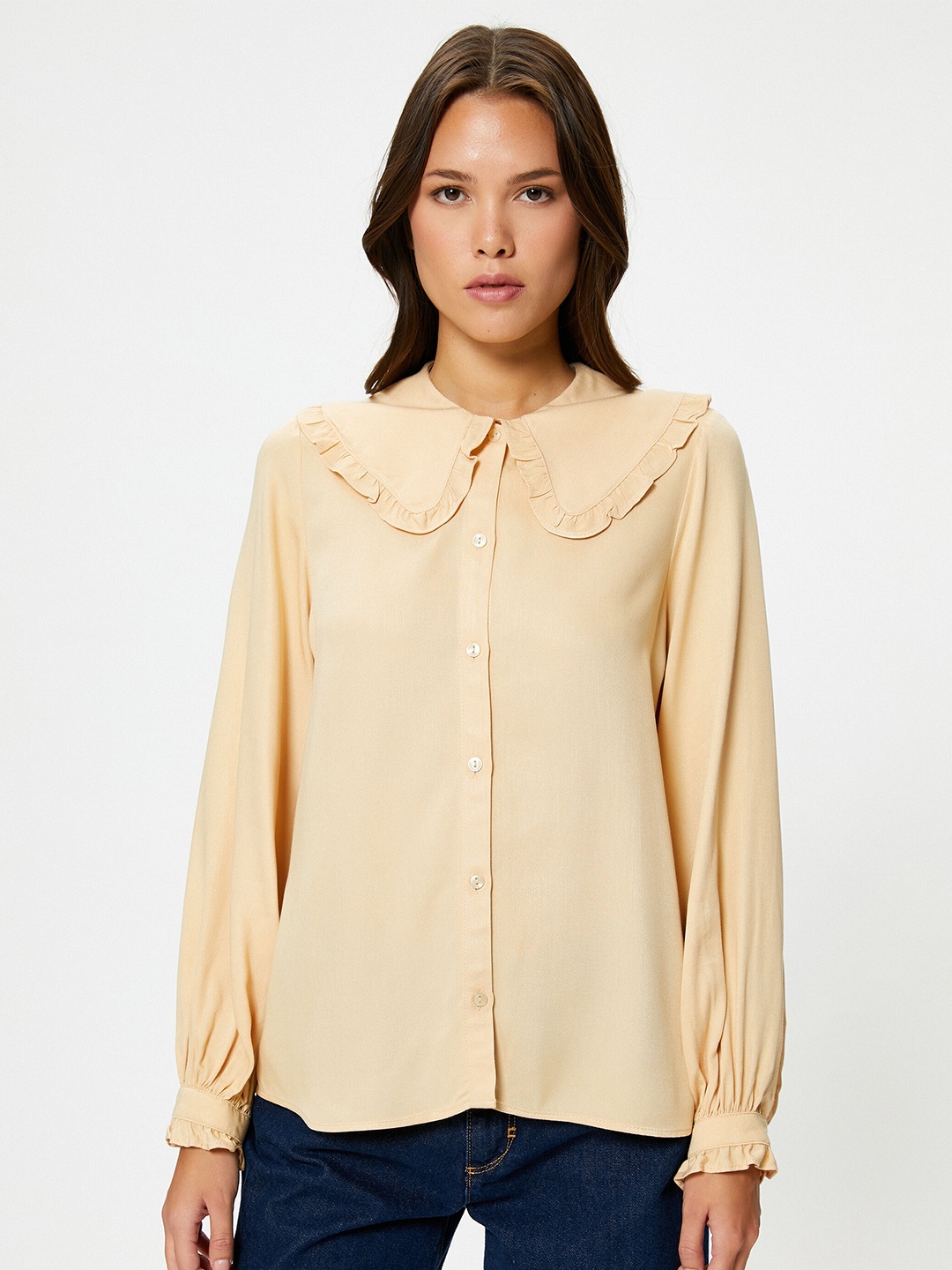 

Koton Peter Pan Collar Bishop Sleeves Shirt Style Top, Beige