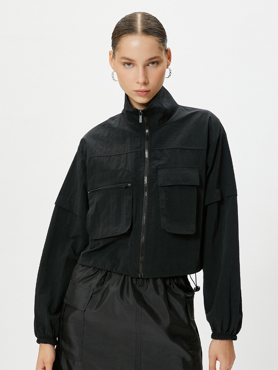 

Koton Mock Collar Shirt Style Crop Top, Black