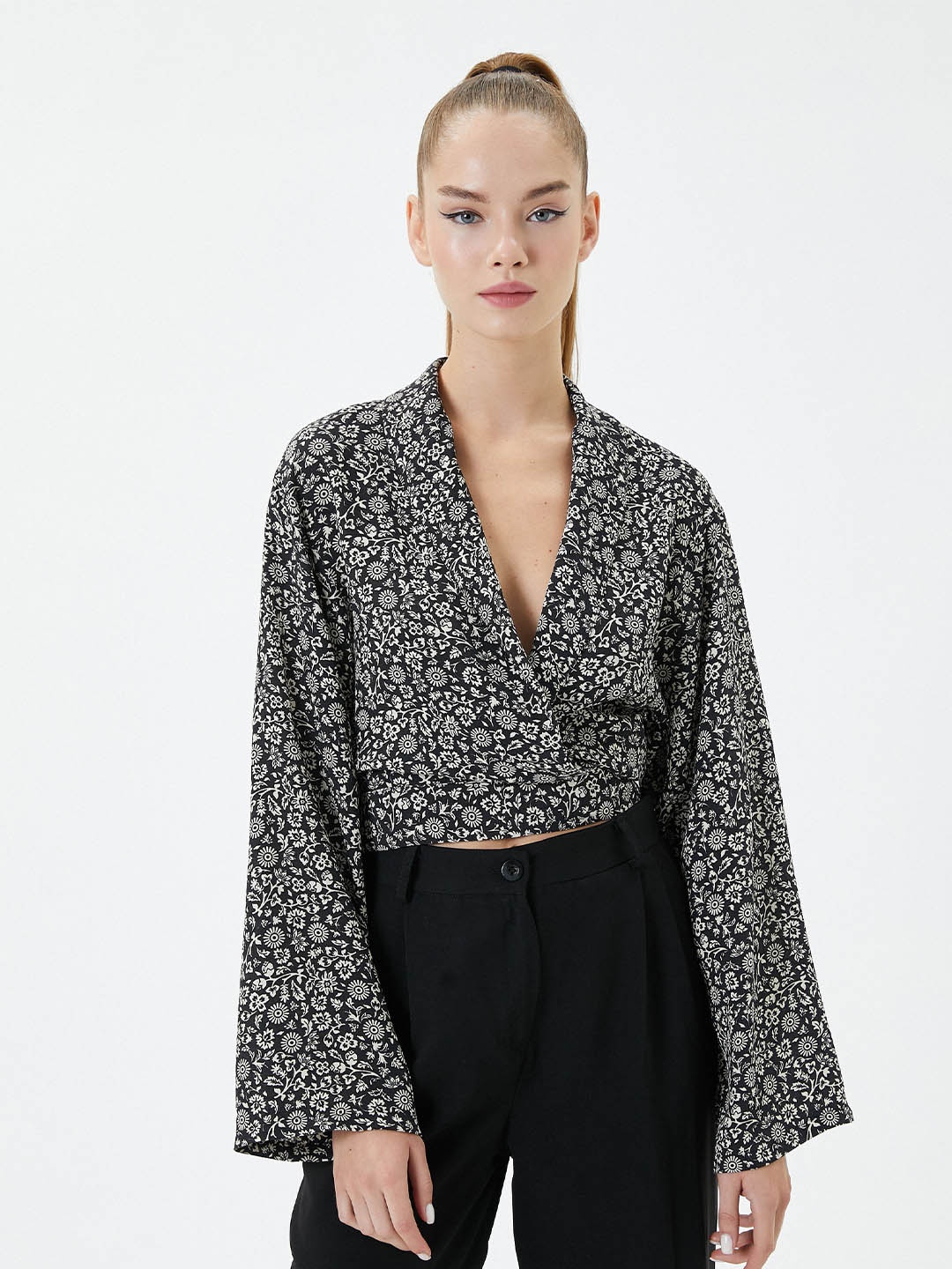 

Koton Floral Print V-Neck Flared Sleeve Wrap Crop Top, Black
