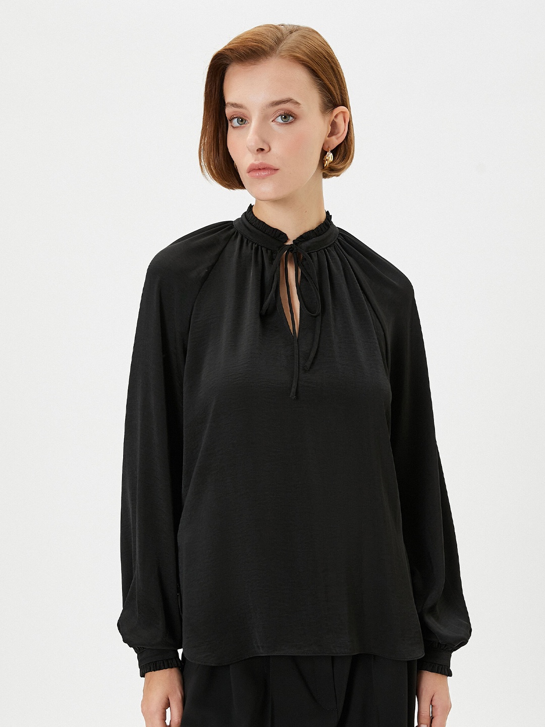 

Koton Tie-Up Neck Puff Sleeves Top, Black